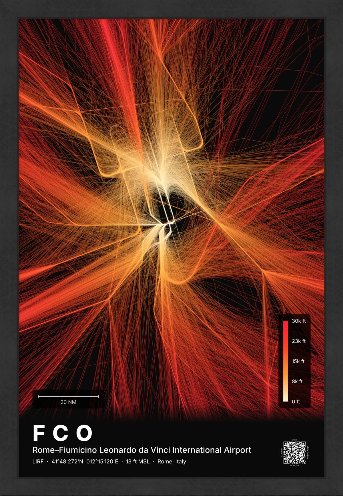 FCO flight path print — Inferno theme · Dark [material:framed_black]