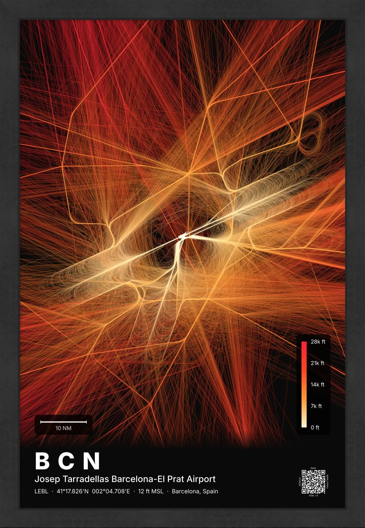 BCN flight path map — Inferno theme · Dark [material:framed_black]