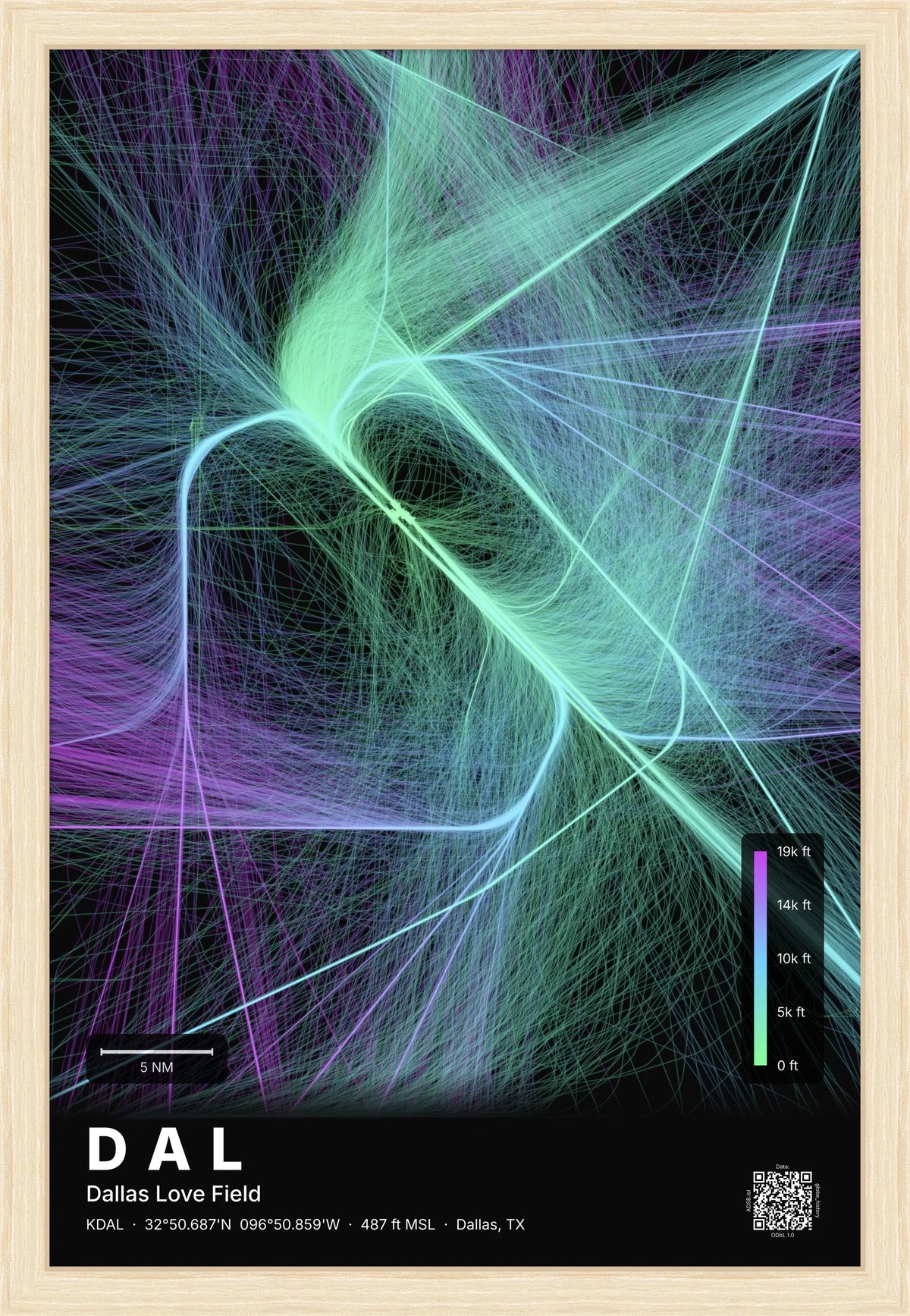 DAL flight path print — Prism theme · Dark [material:framed_natural]