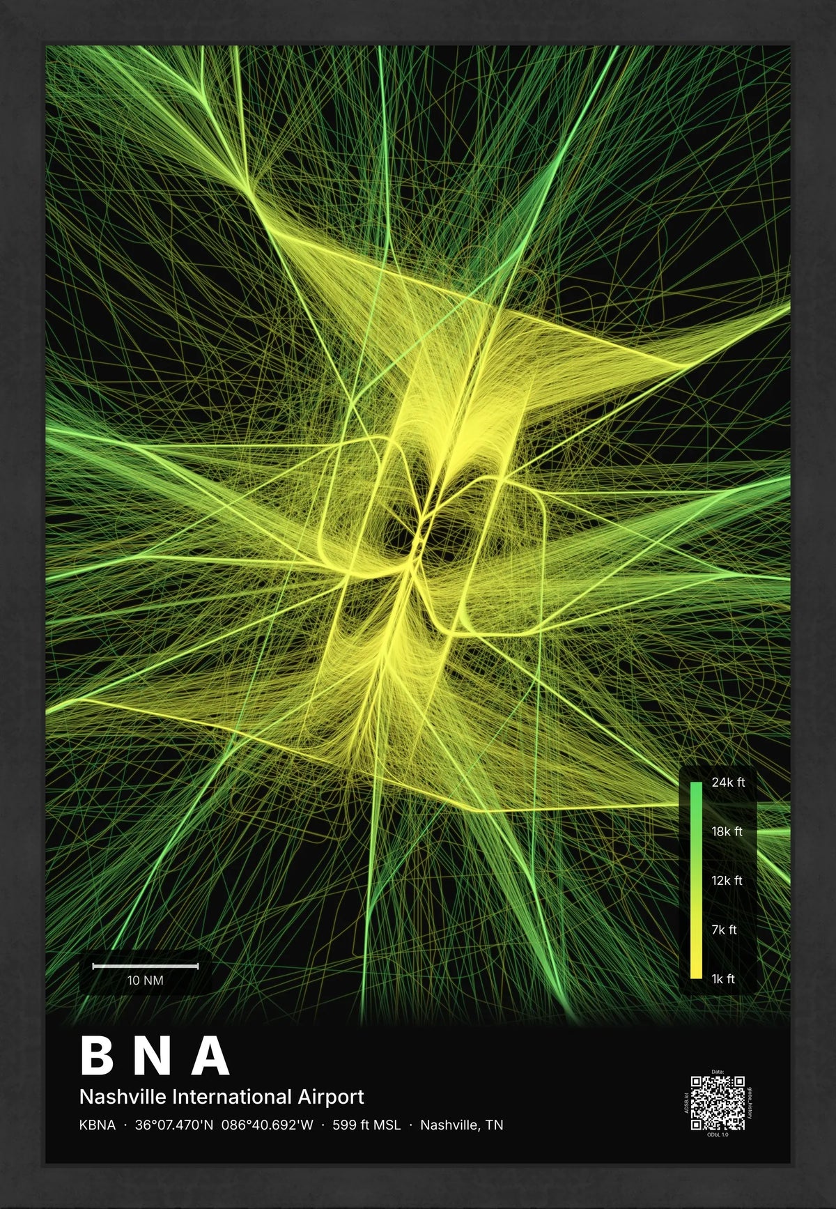 BNA flight path print — Citrus theme · Dark [material:framed_black]