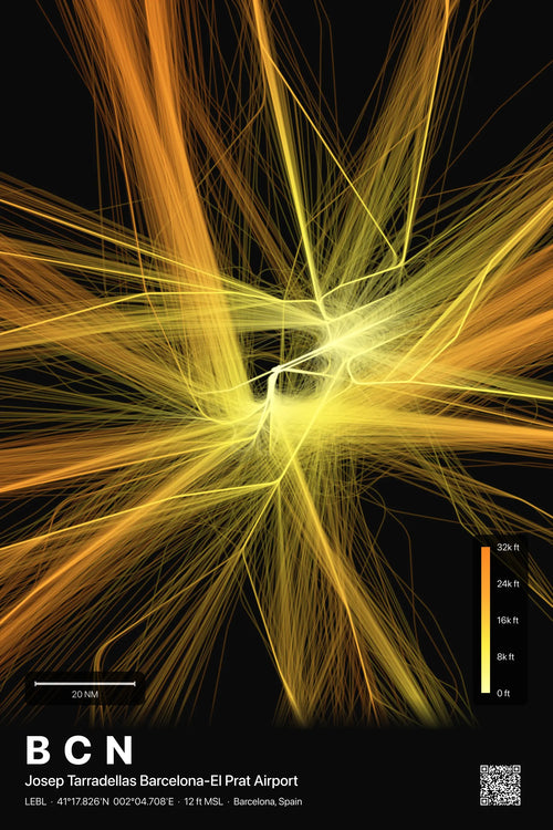 BCN flight path print — Solana theme · Dark