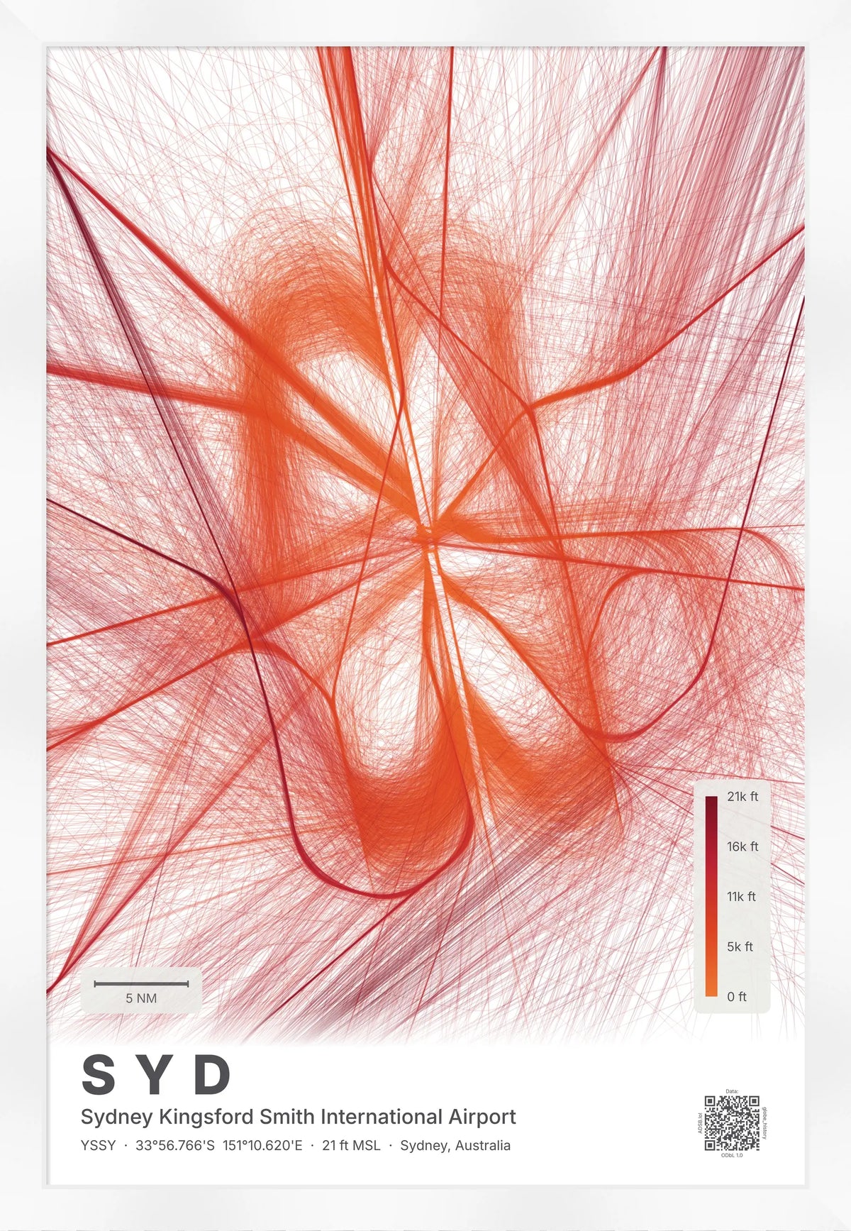 SYD flight path map — Inferno theme · Light [material:framed_white]