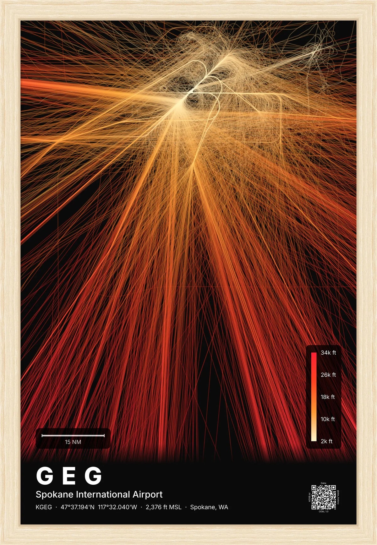 GEG flight path print — Inferno theme · Dark [material:framed_natural]