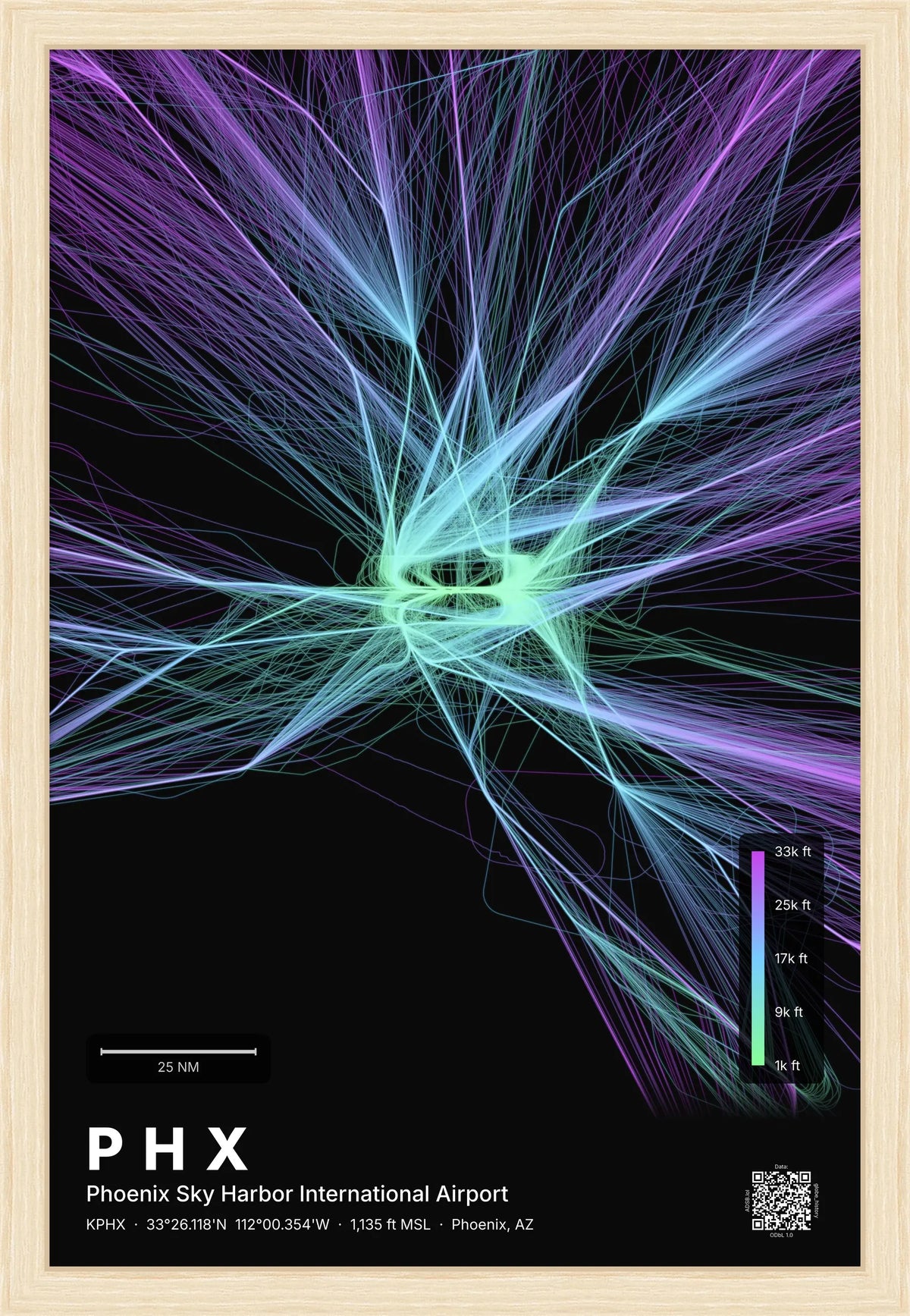 PHX flight path print — Prism theme · Dark [material:framed_natural]