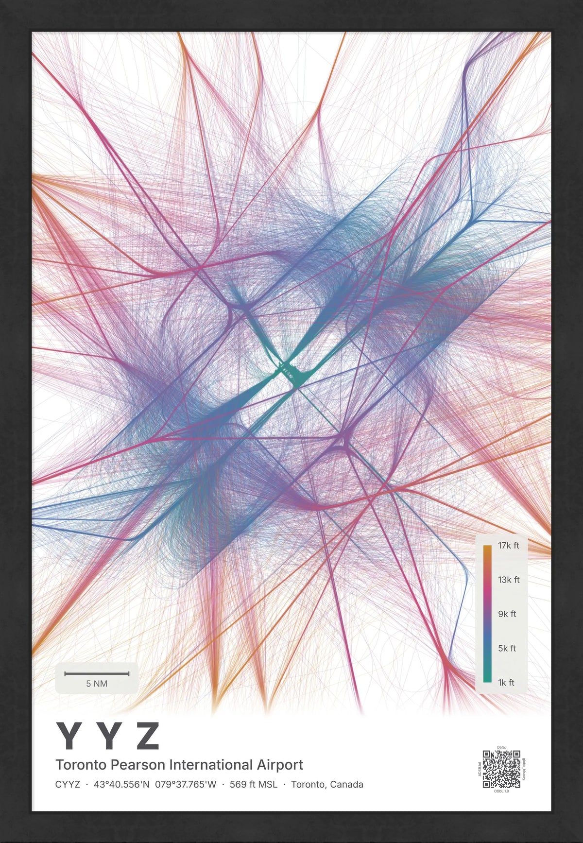 YYZ flight path map — Aurora theme · Light [material:framed_black]