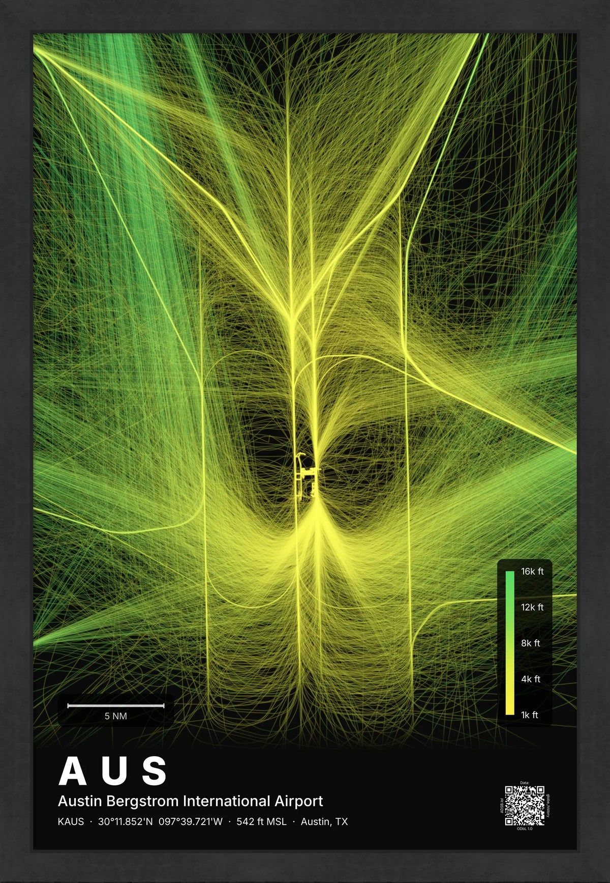 AUS flight path print — Citrus theme · Dark [material:framed_black]