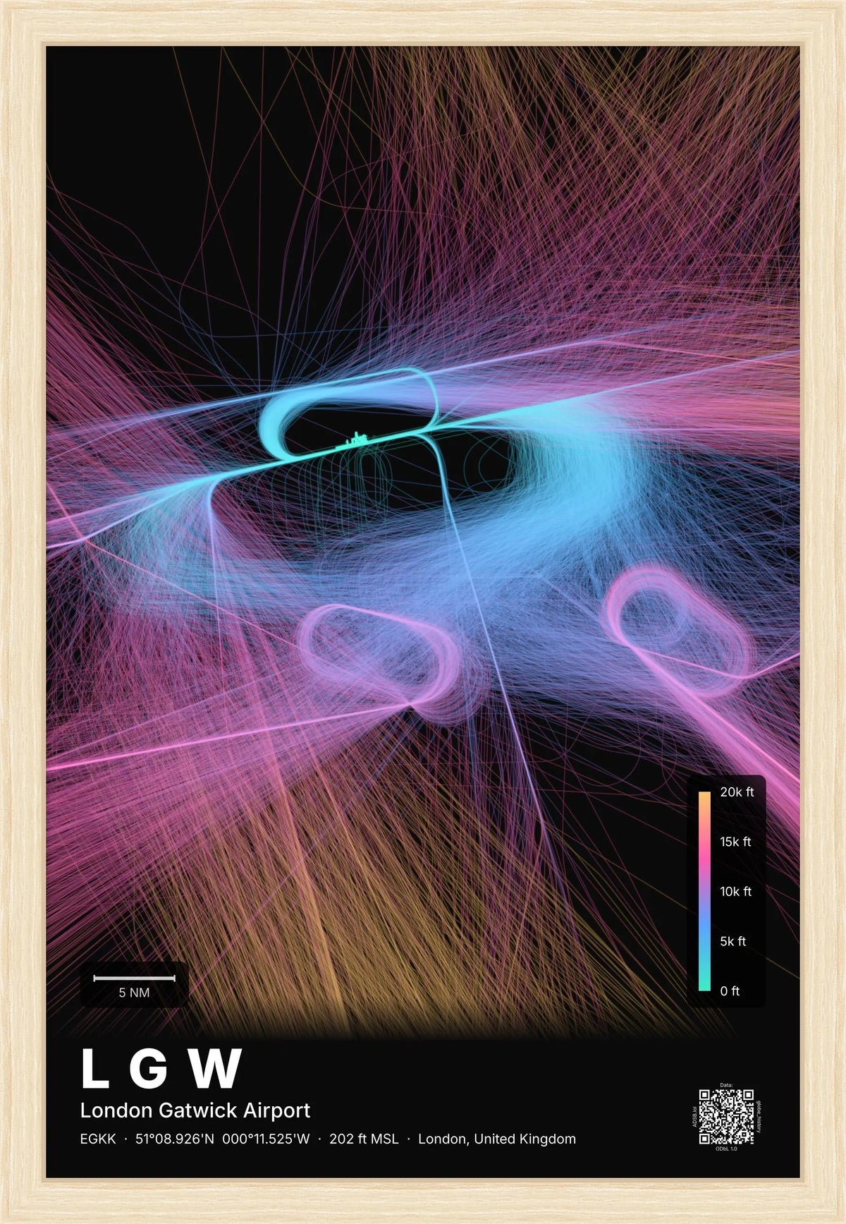 LGW flight path map — Aurora theme · Dark [material:framed_natural]