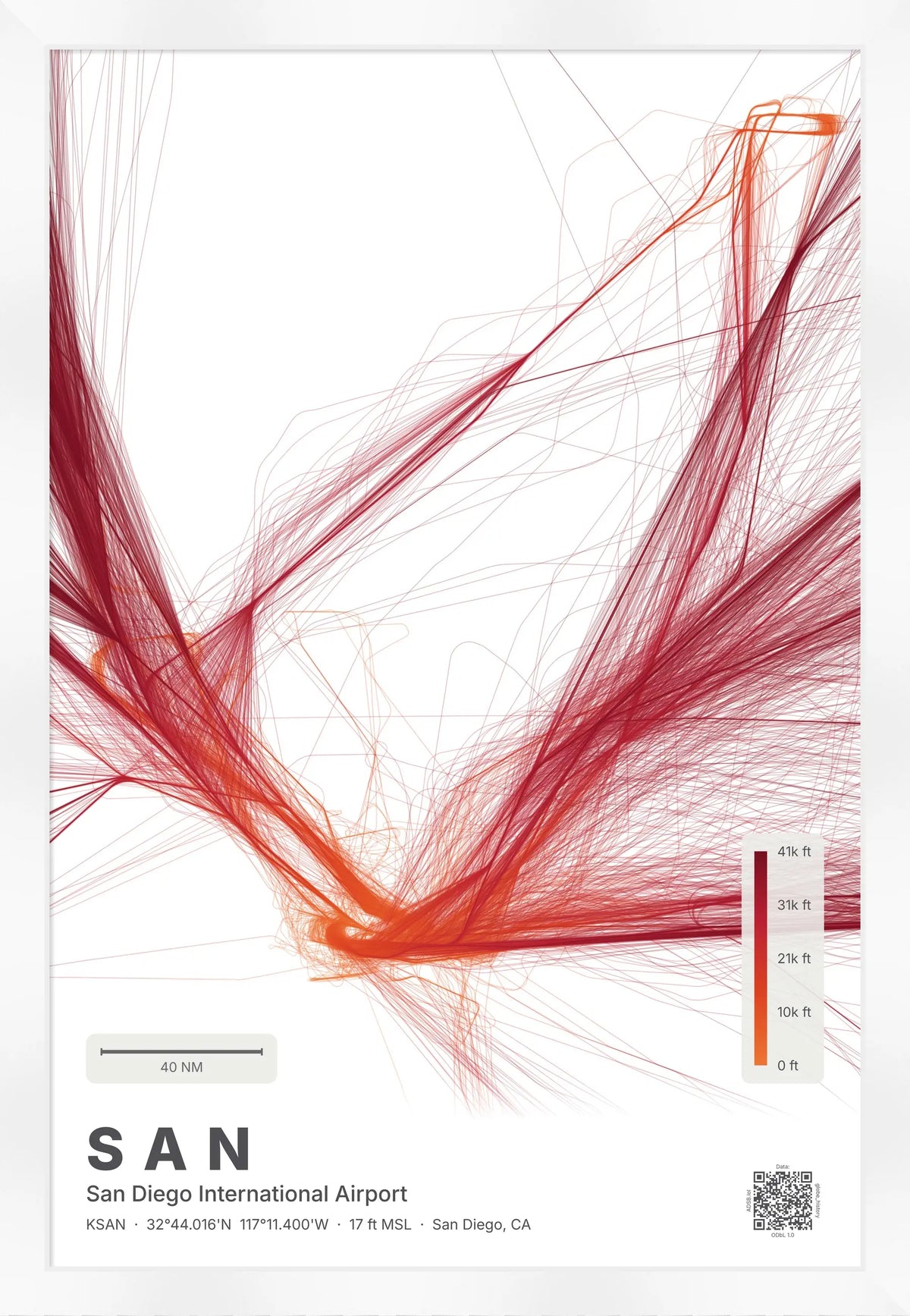SAN flight path print — Inferno theme · Light [material:framed_white]