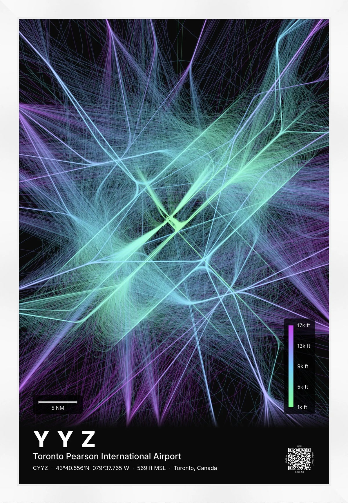 YYZ flight path map — Prism theme · Dark [material:framed_white]