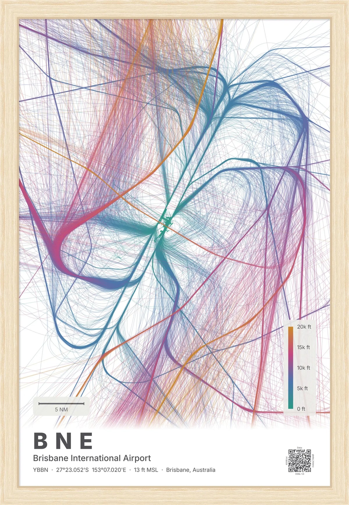 BNE flight path map — Aurora theme · Light [material:framed_natural]