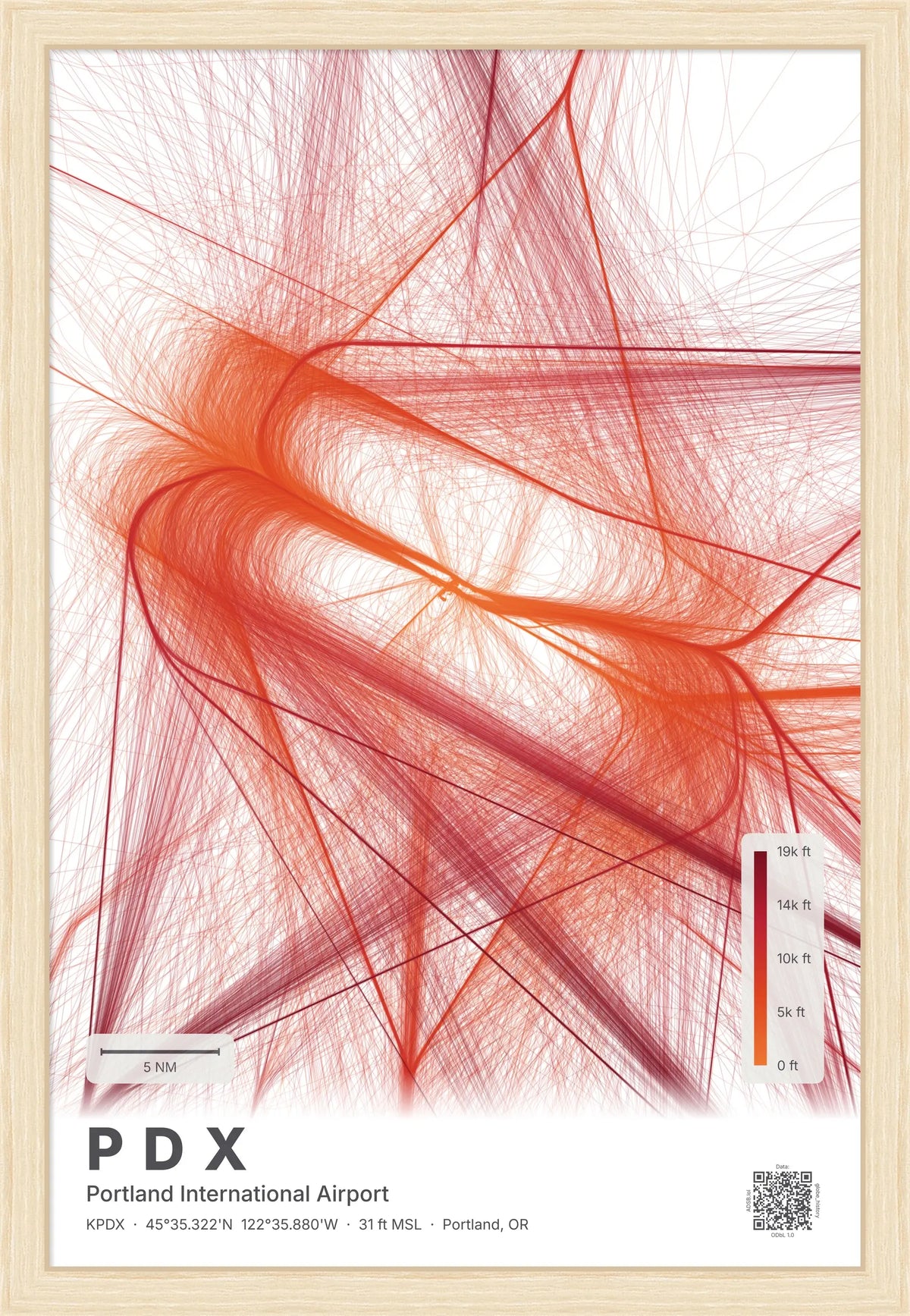 PDX flight path print — Inferno theme · Light [material:framed_natural]