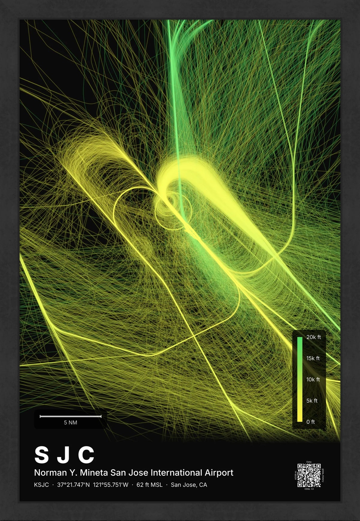 SJC flight path map — Citrus theme · Dark [material:framed_black]