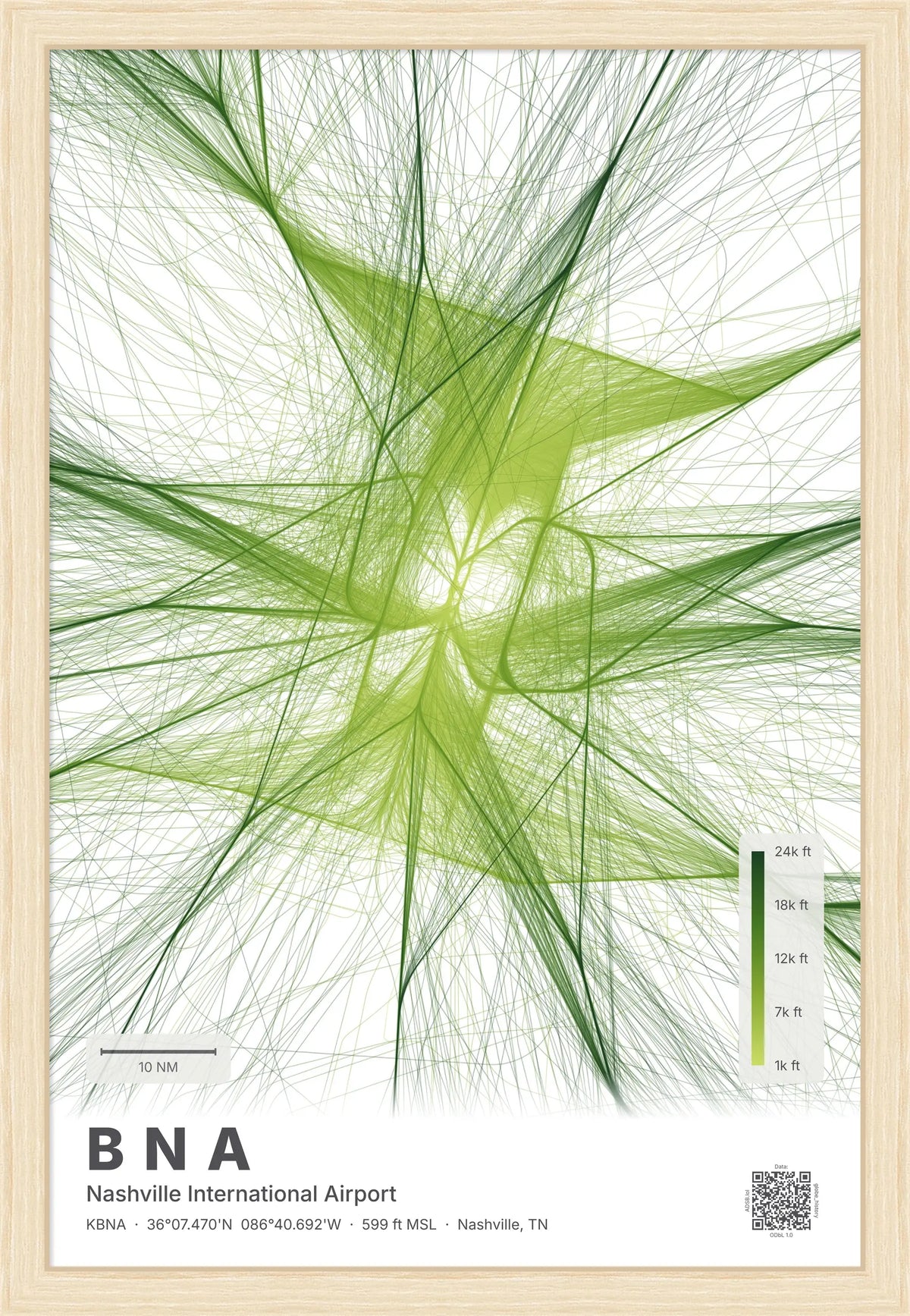 BNA flight path print — Citrus theme · Light [material:framed_natural]