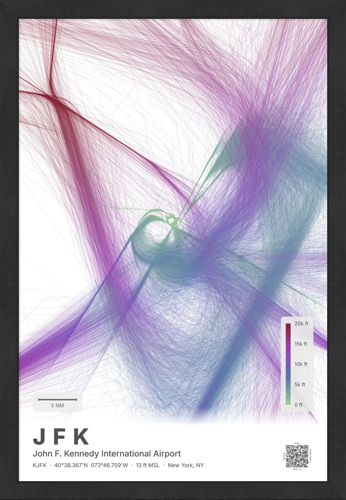 JFK flight path map — Prism theme · Light [material:framed_black]