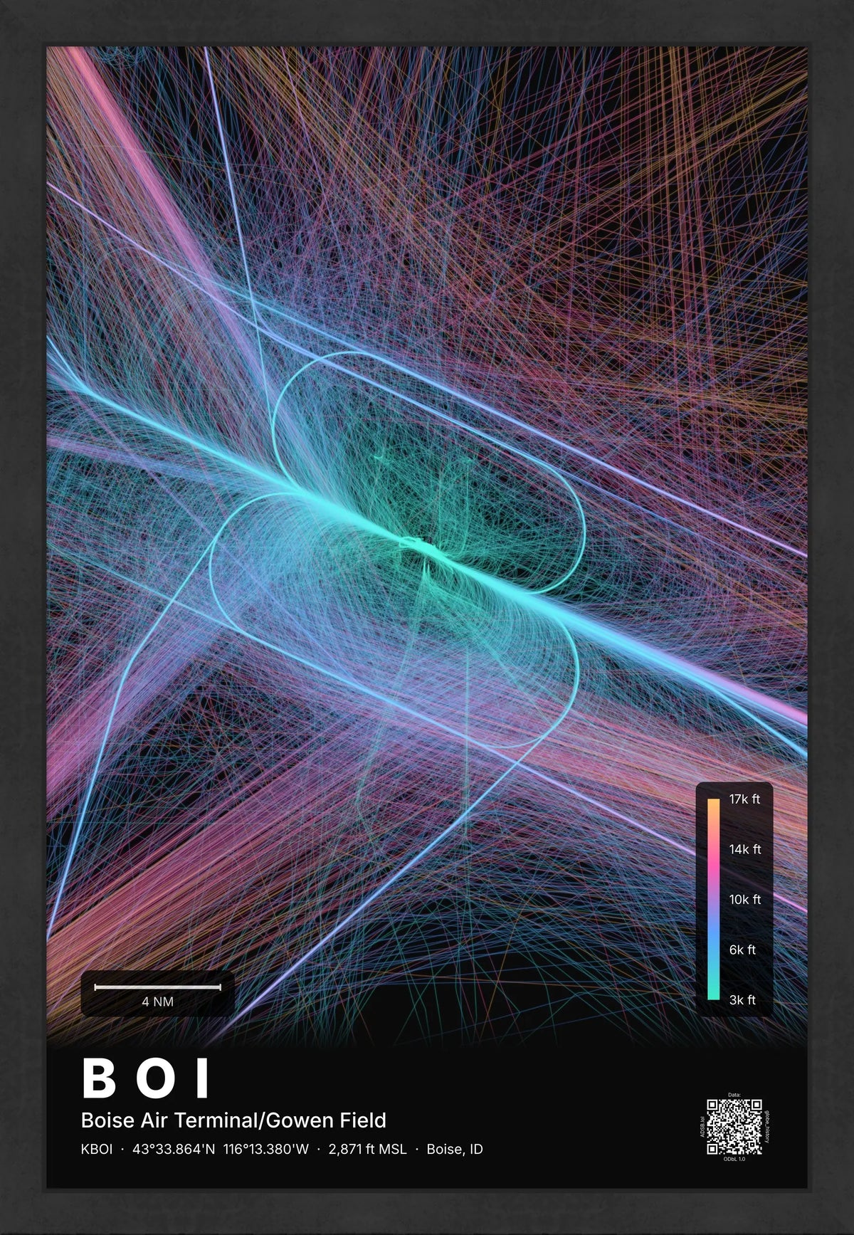 BOI flight path print — Aurora theme · Dark [material:framed_black]
