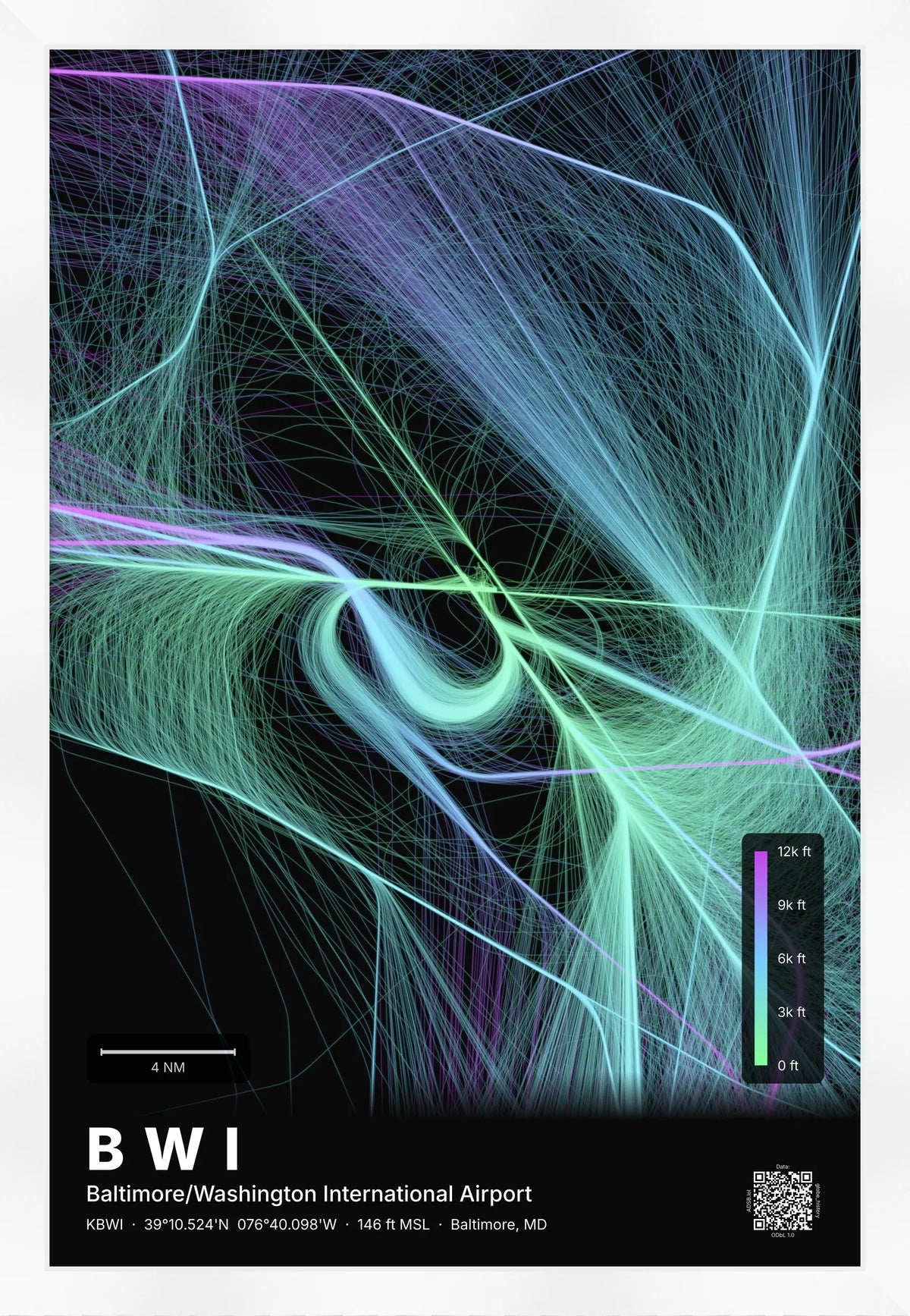 BWI flight path print — Prism theme · Dark [material:framed_white]