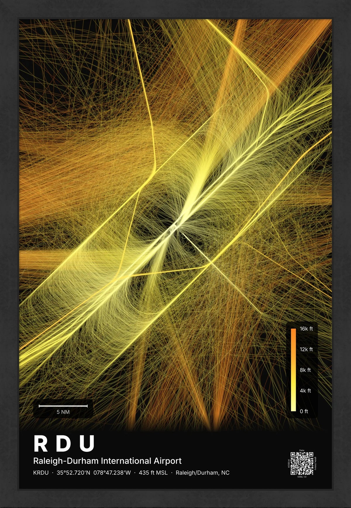 RDU flight path print — Solana theme · Dark [material:framed_black]