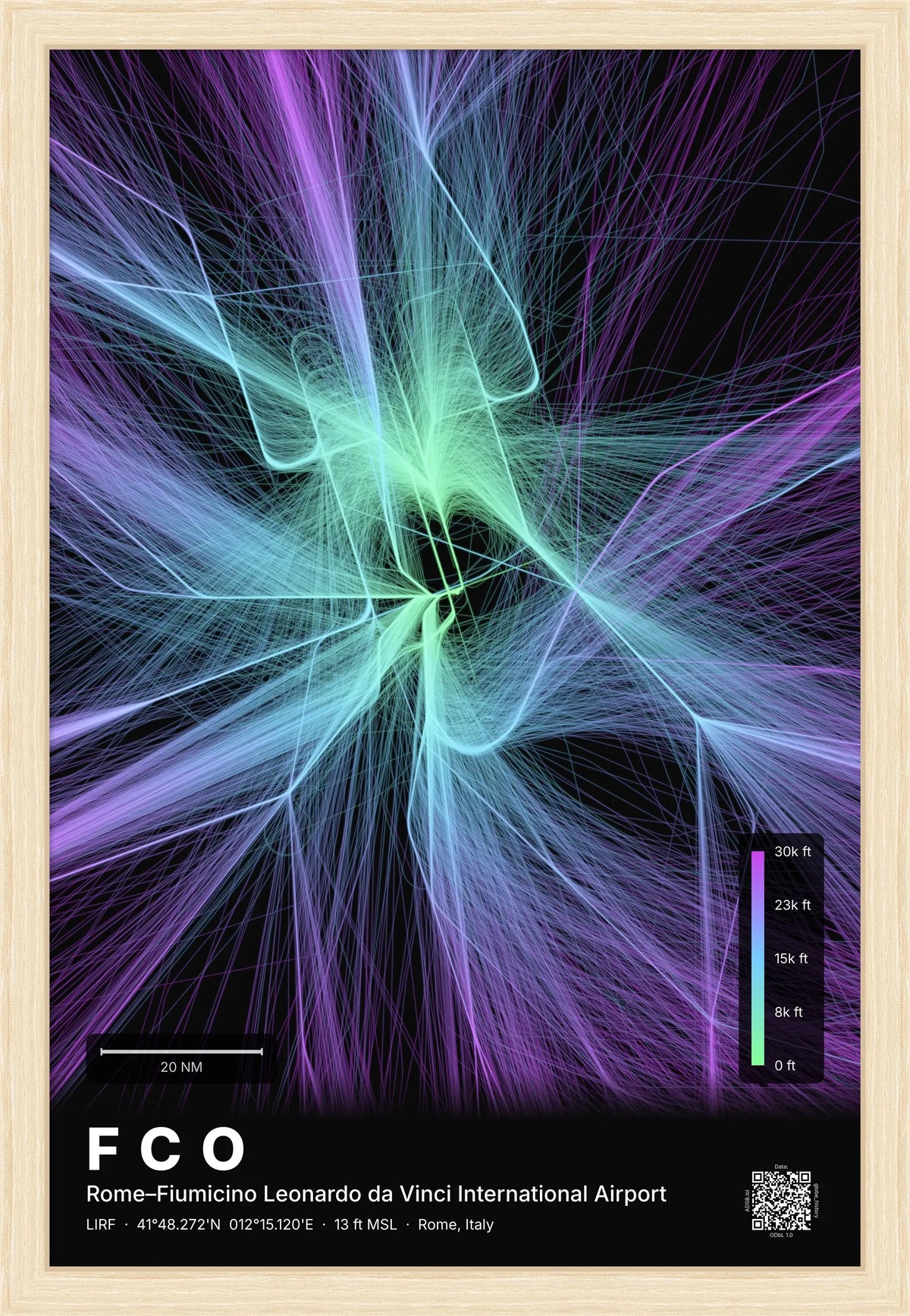 FCO flight path print — Prism theme · Dark [material:framed_natural]