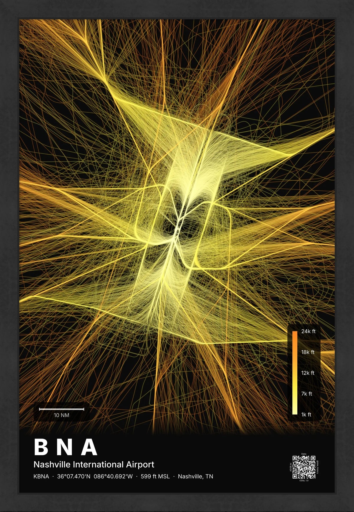 BNA flight path print — Solana theme · Dark [material:framed_black]