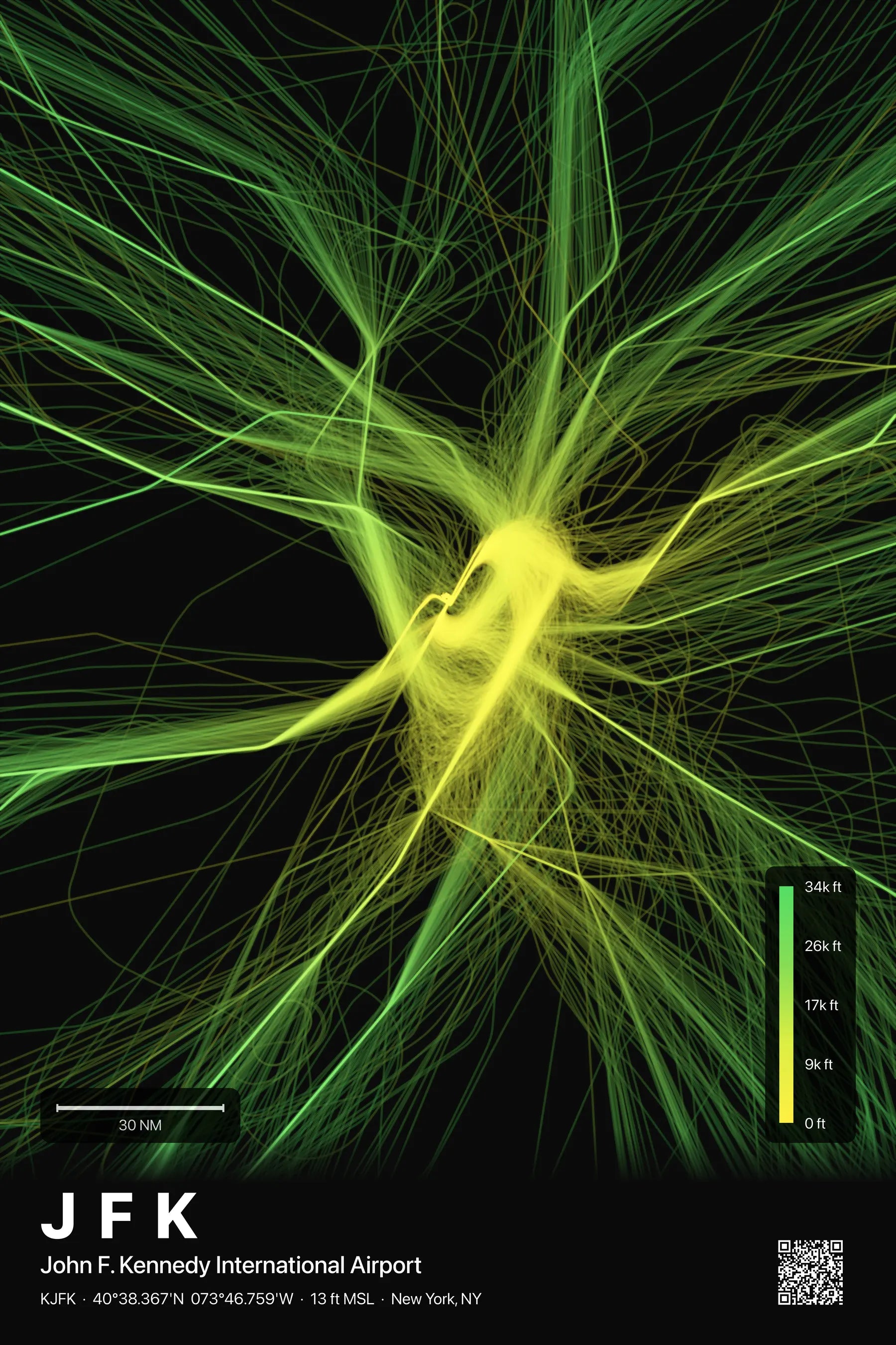 JFK flight path print — Citrus theme · Dark