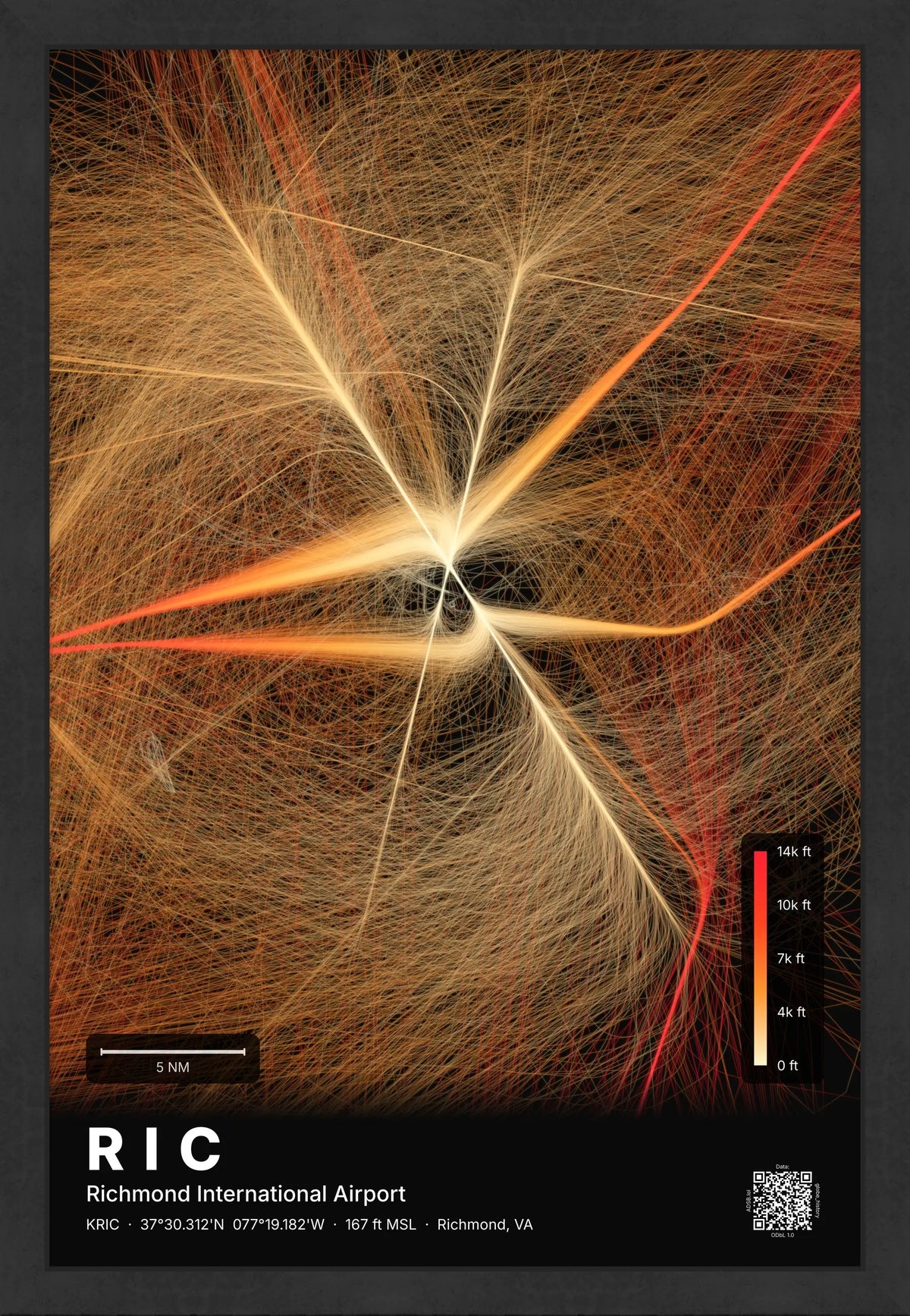RIC flight path print — Inferno theme · Dark [material:framed_black]