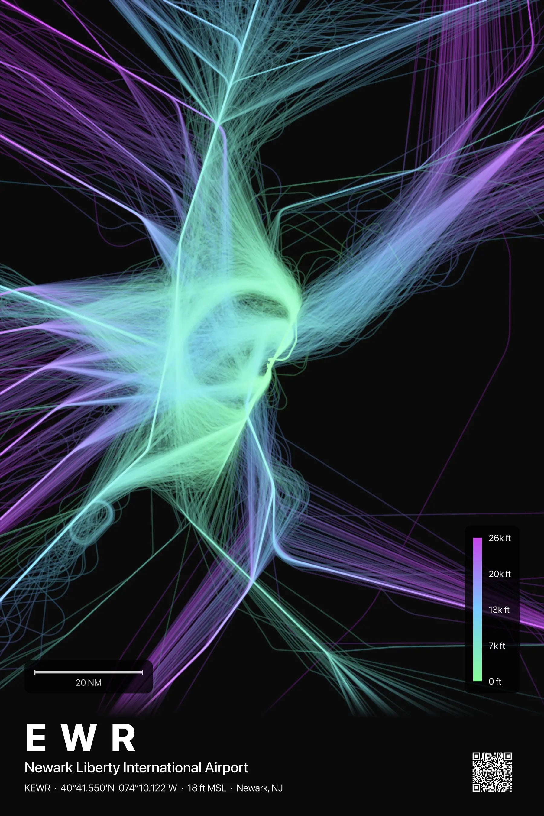 EWR flight path print — Prism theme · Dark