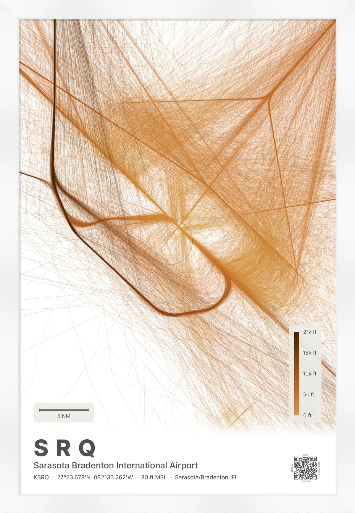 SRQ flight path print — Solana theme · Light [material:framed_white]