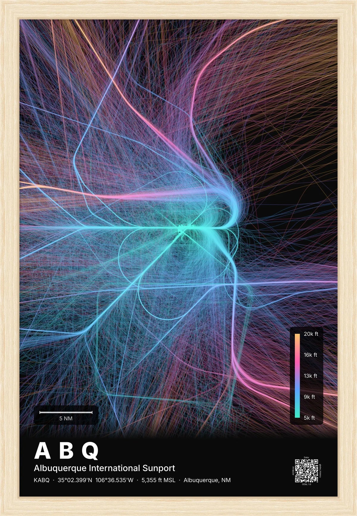 ABQ flight path map — Aurora theme · Dark [material:framed_natural]