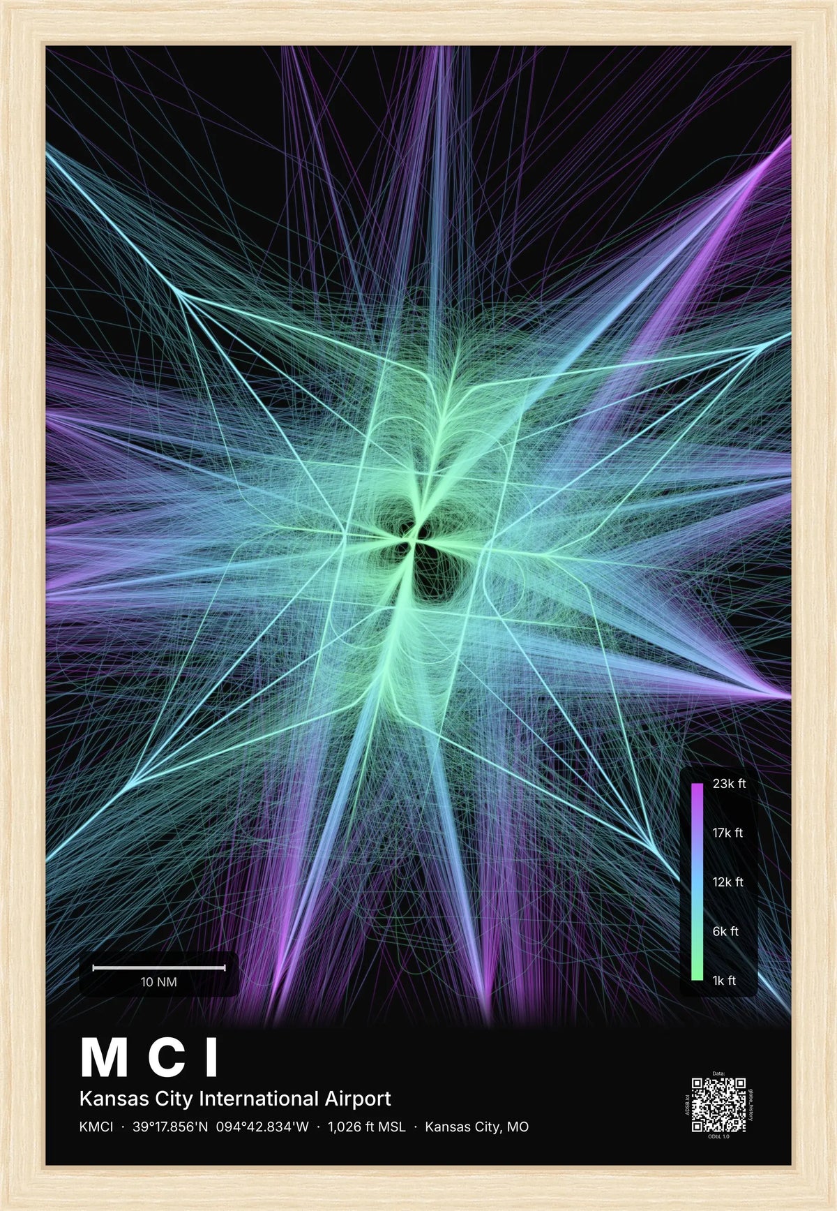MCI flight path print — Prism theme · Dark [material:framed_natural]