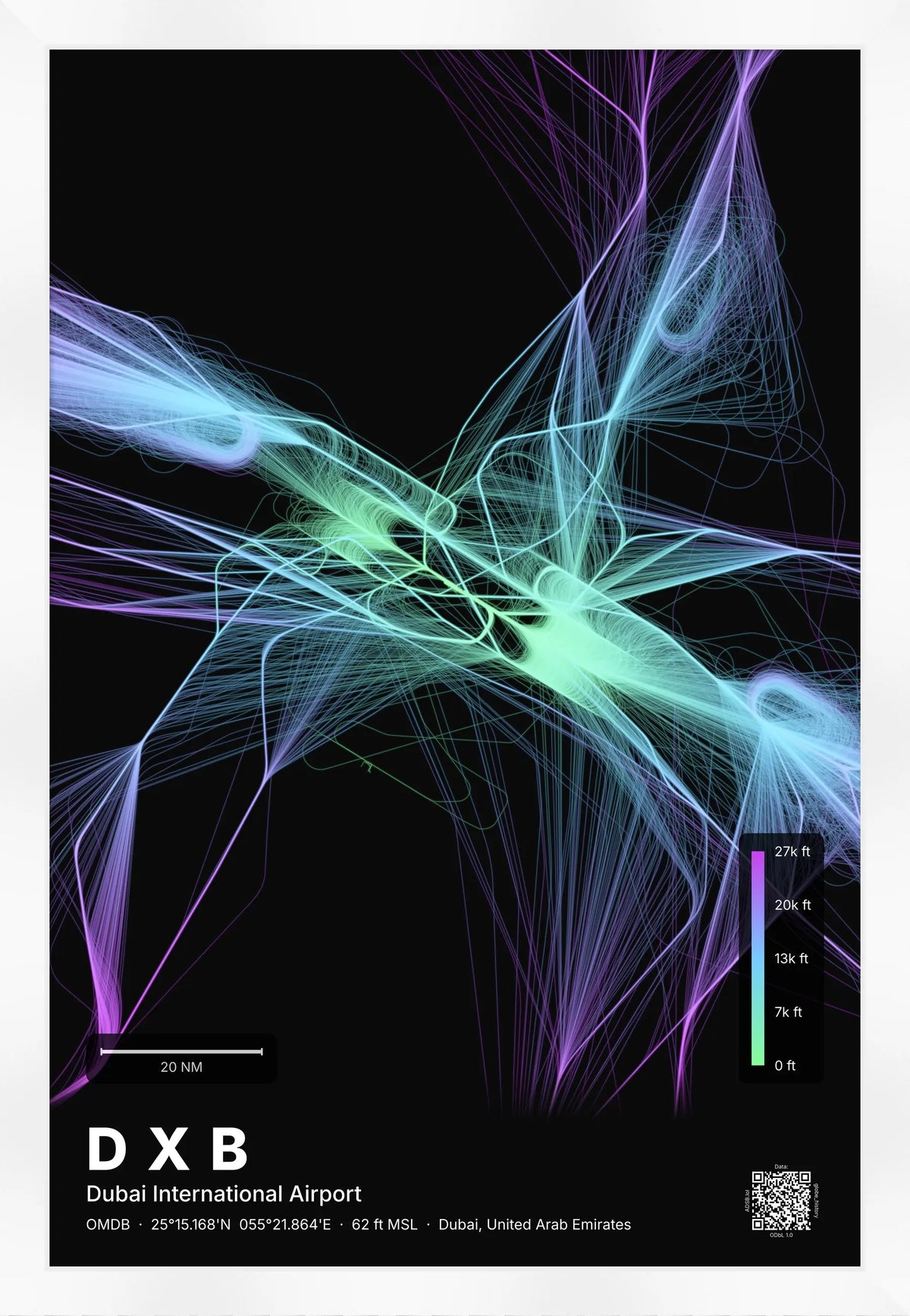 DXB flight path print — Prism theme · Dark [material:framed_white]