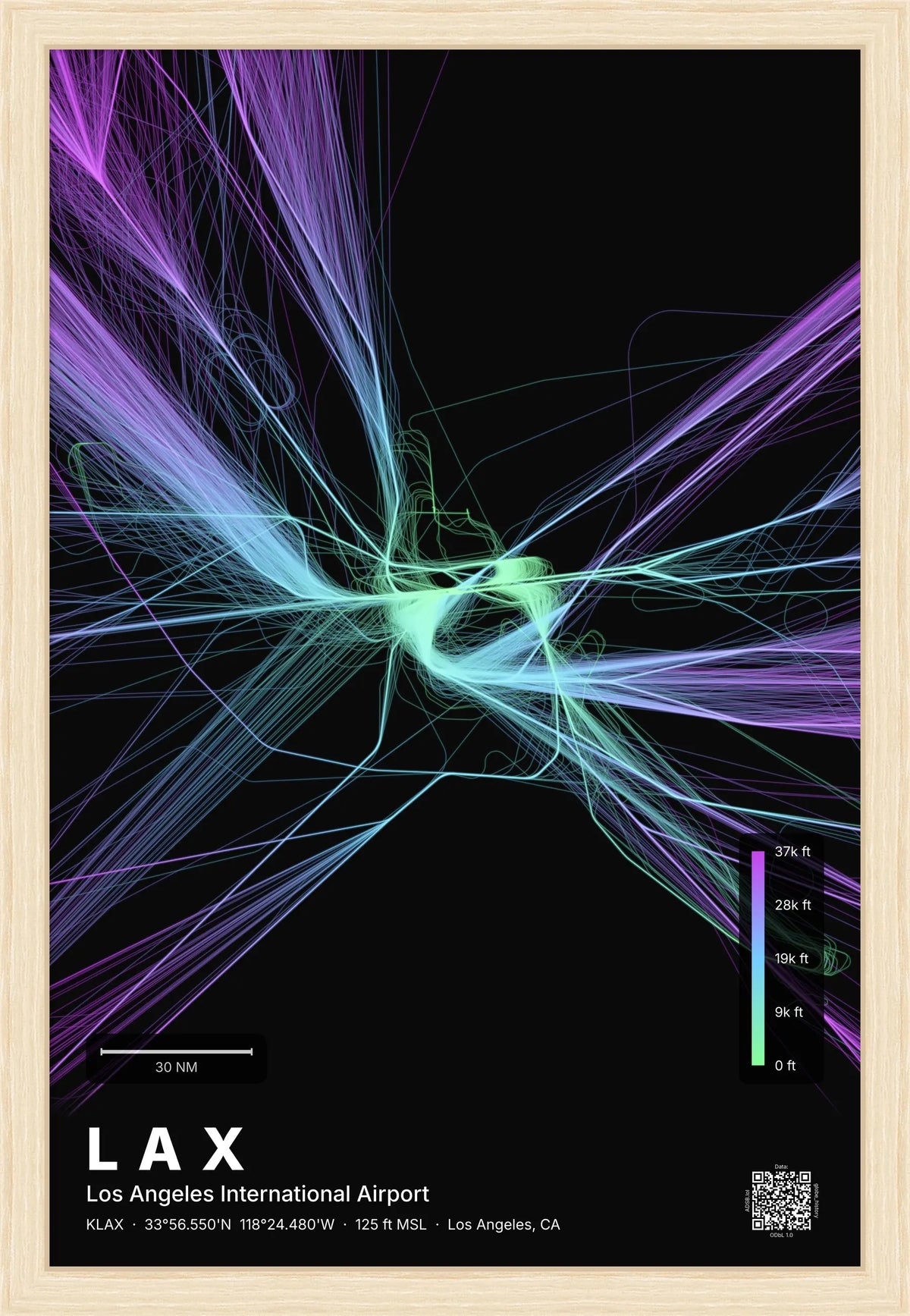 LAX flight path print — Prism theme · Dark [material:framed_natural]