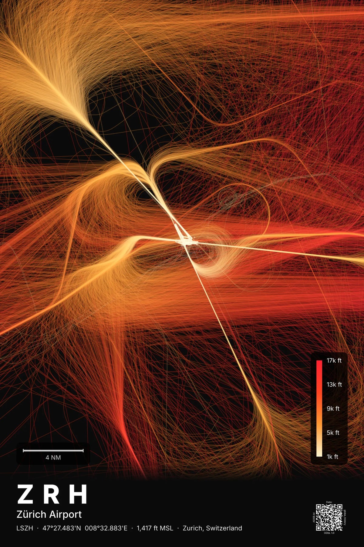 ZRH flight path map — Inferno theme · Dark