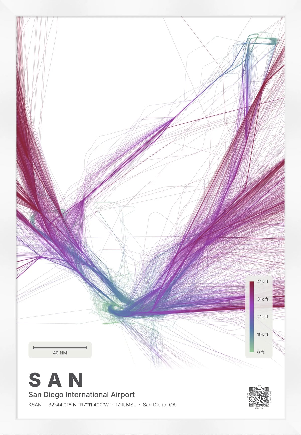 SAN flight path print — Prism theme · Light [material:framed_white]