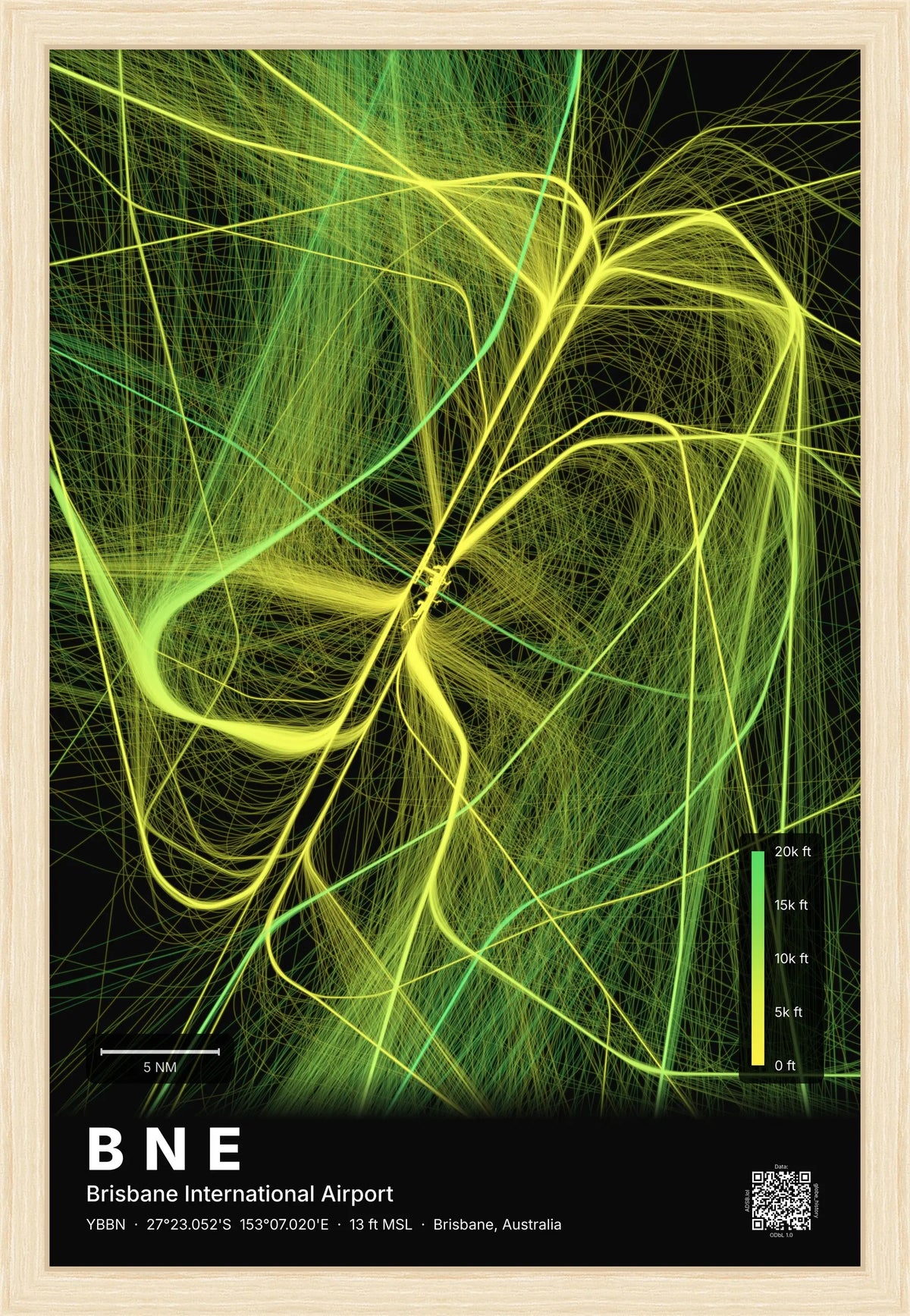 BNE flight path map — Citrus theme · Dark [material:framed_natural]