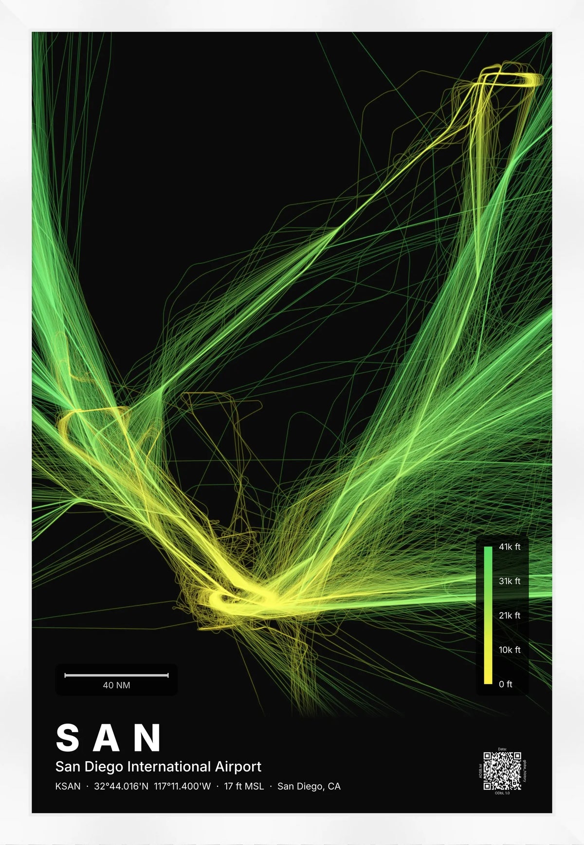 SAN flight path print — Citrus theme · Dark [material:framed_white]