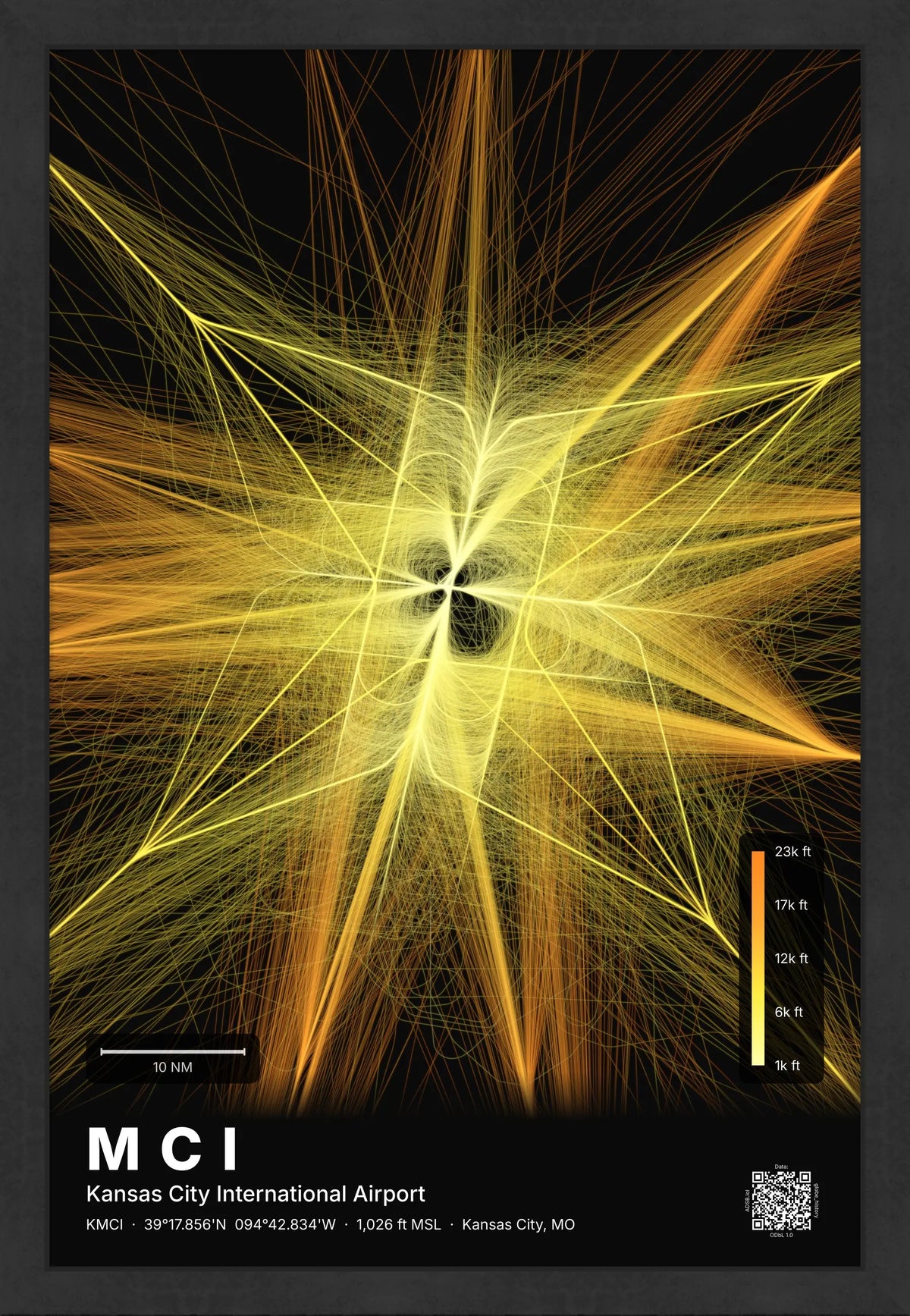 MCI flight path print — Solana theme · Dark [material:framed_black]