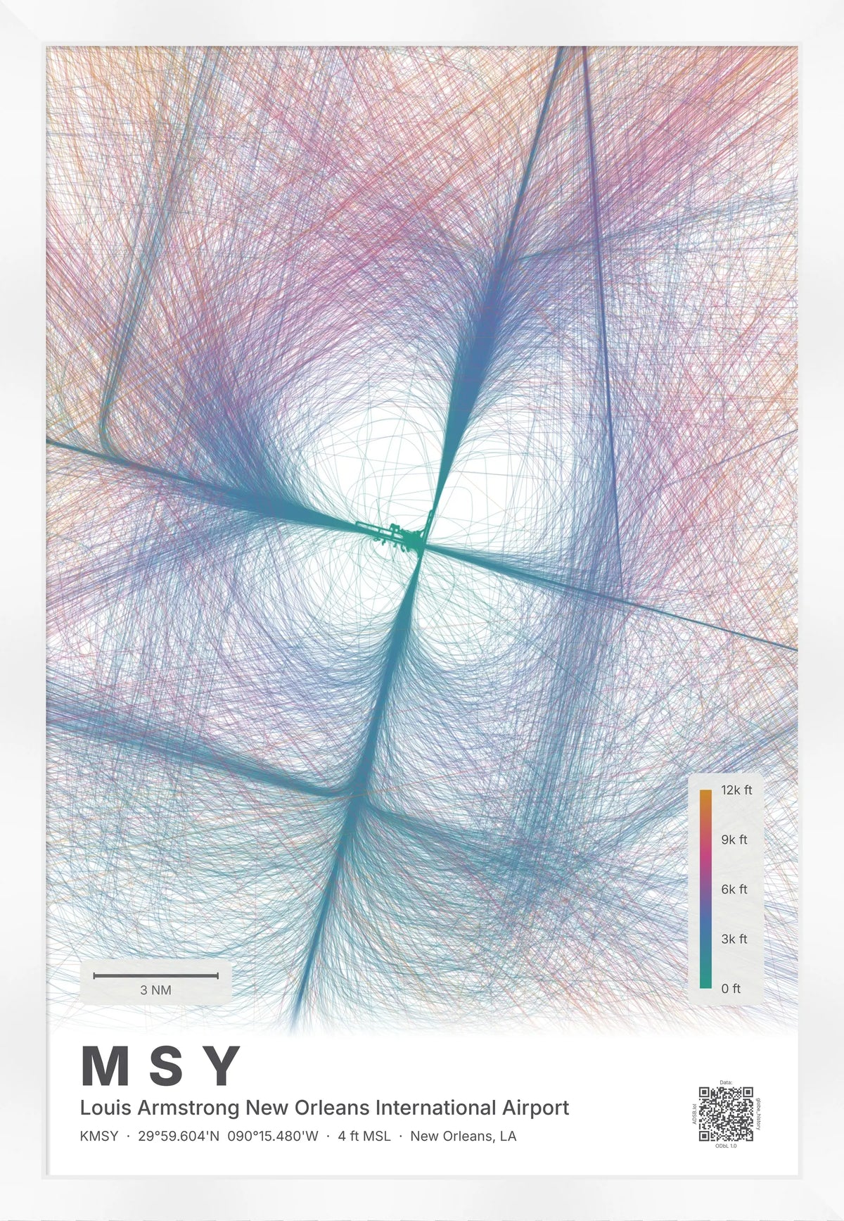 MSY flight path print — Aurora theme · Light [material:framed_white]
