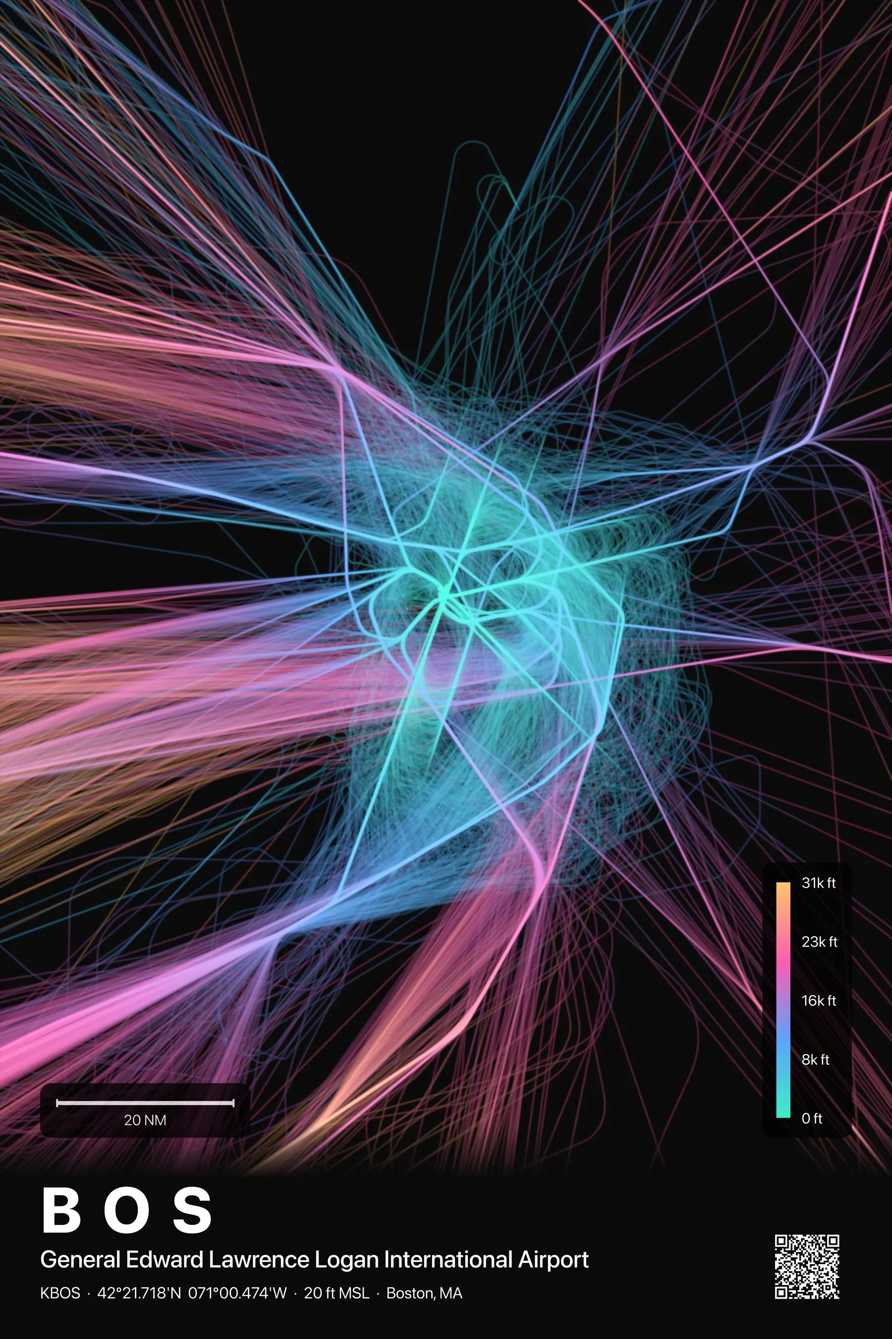 BOS flight path print — Aurora theme · Dark