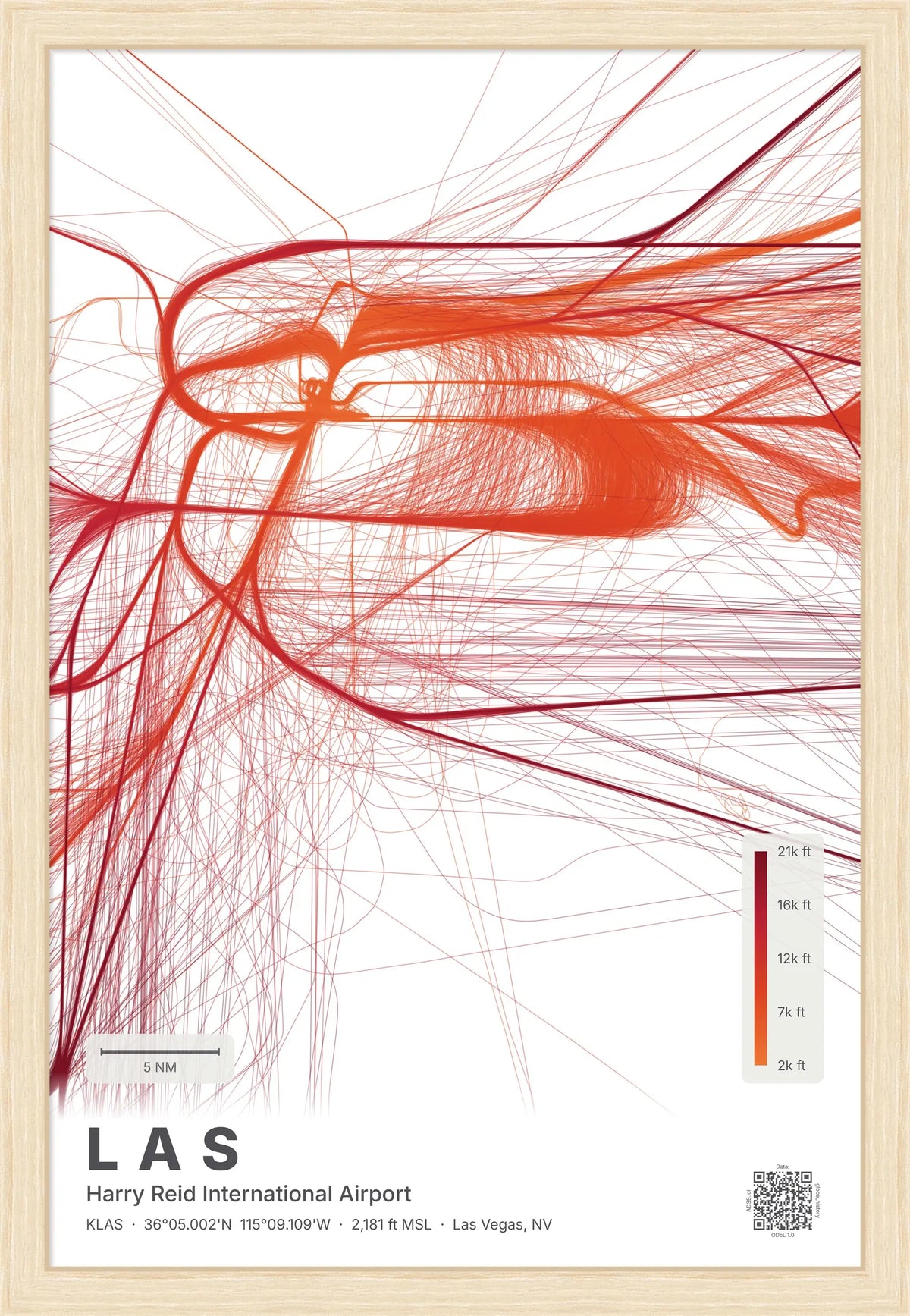 LAS flight path print — Inferno theme · Light [material:framed_natural]