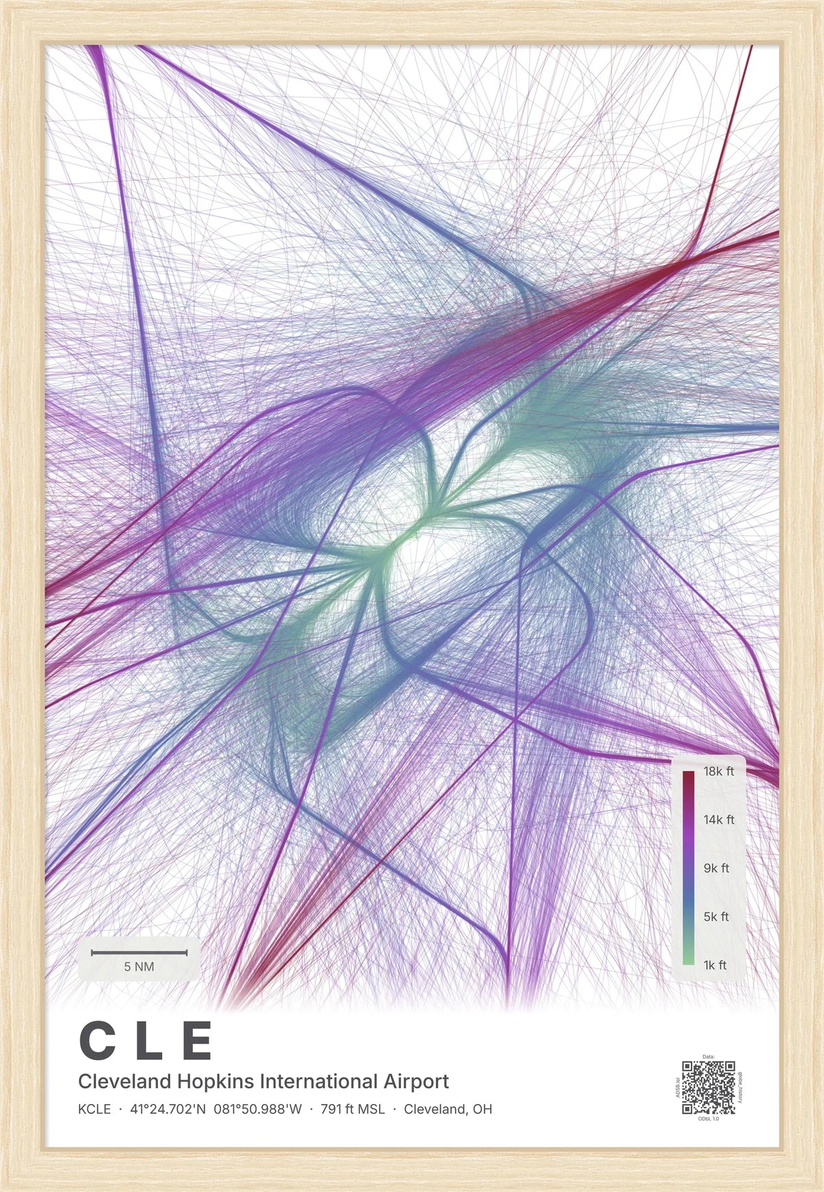 CLE flight path print — Prism theme · Light [material:framed_natural]
