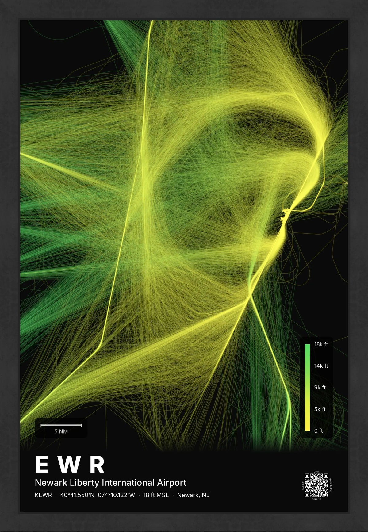 EWR flight path print — Citrus theme · Dark [material:framed_black]