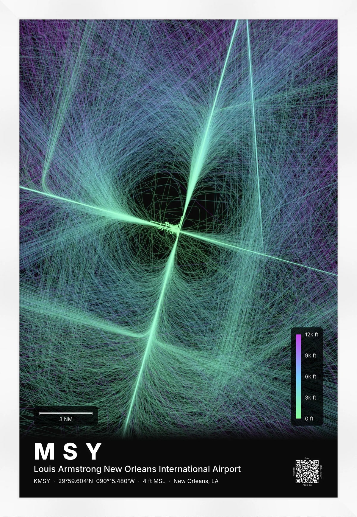 MSY flight path print — Prism theme · Dark [material:framed_white]