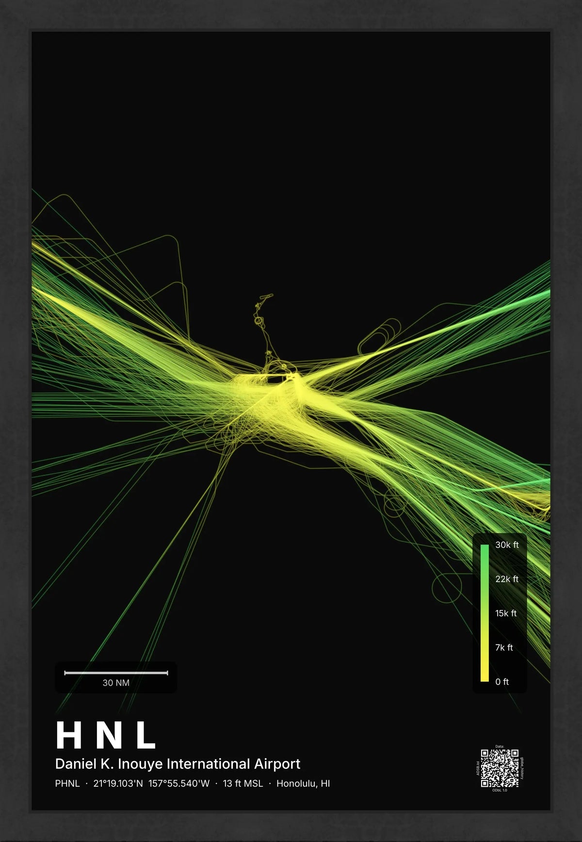 HNL flight path print — Citrus theme · Dark [material:framed_black]