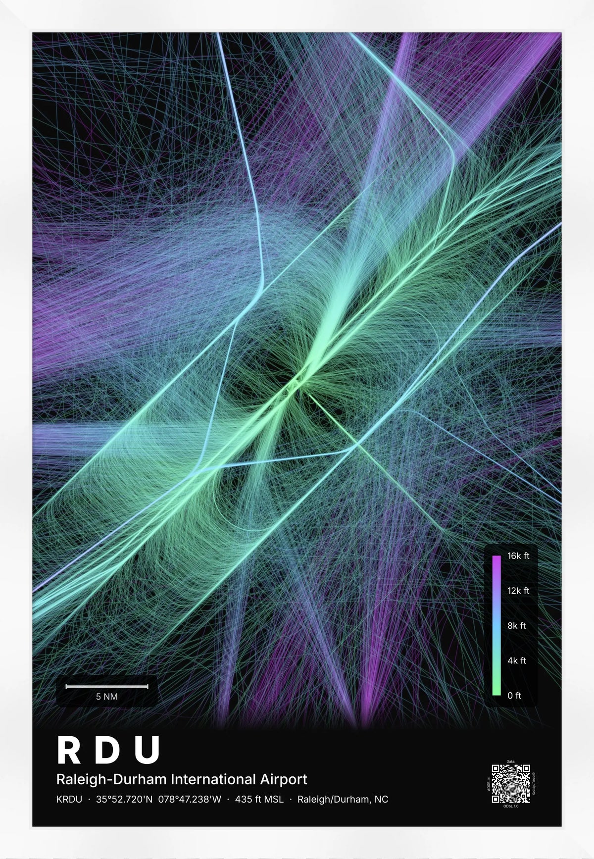 RDU flight path print — Prism theme · Dark [material:framed_white]
