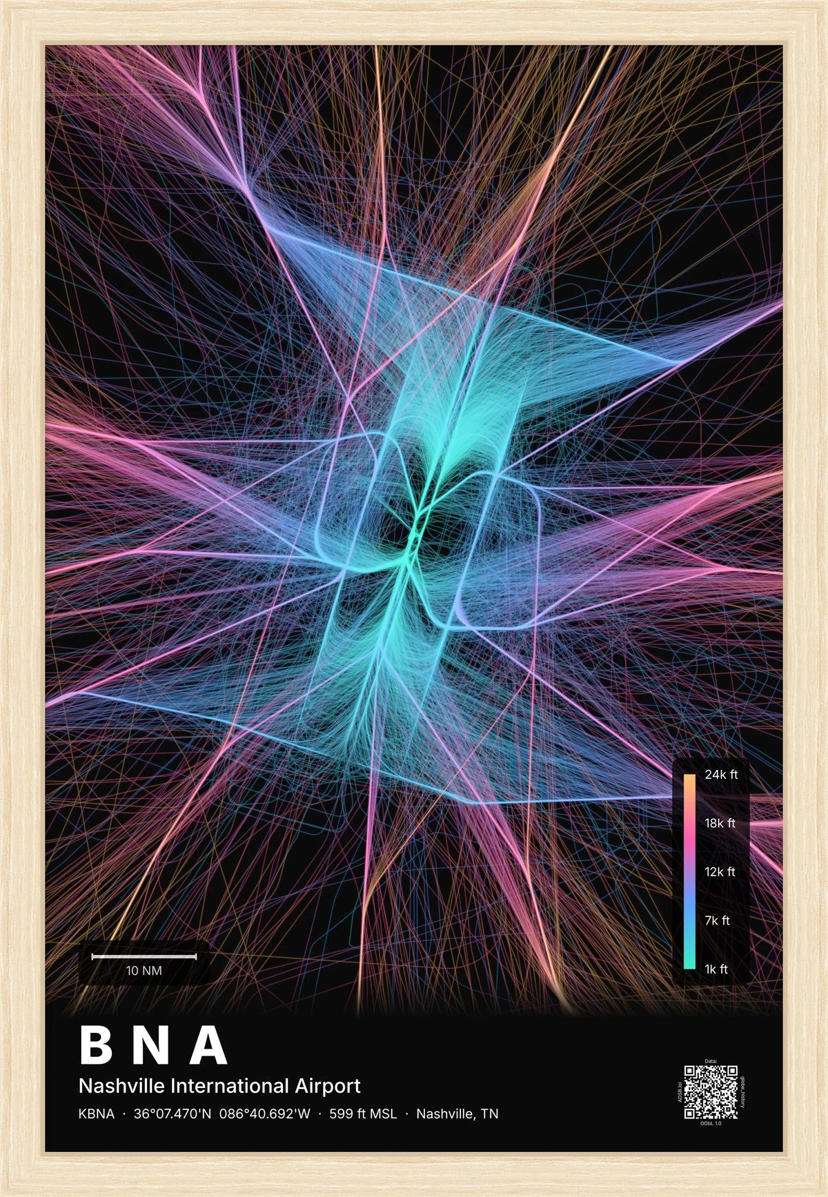 BNA flight path print — Aurora theme · Dark [material:framed_natural]