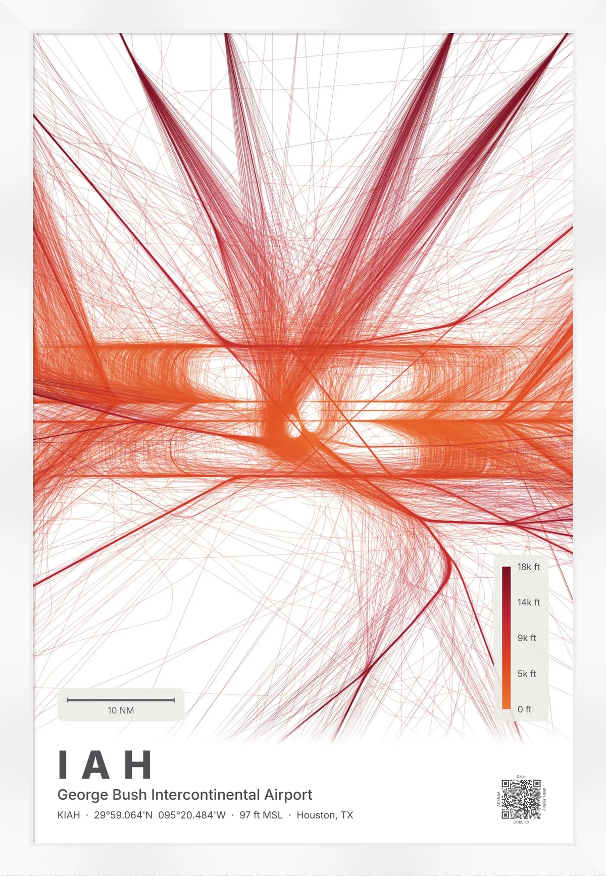 IAH flight path print — Inferno theme · Light [material:framed_white]