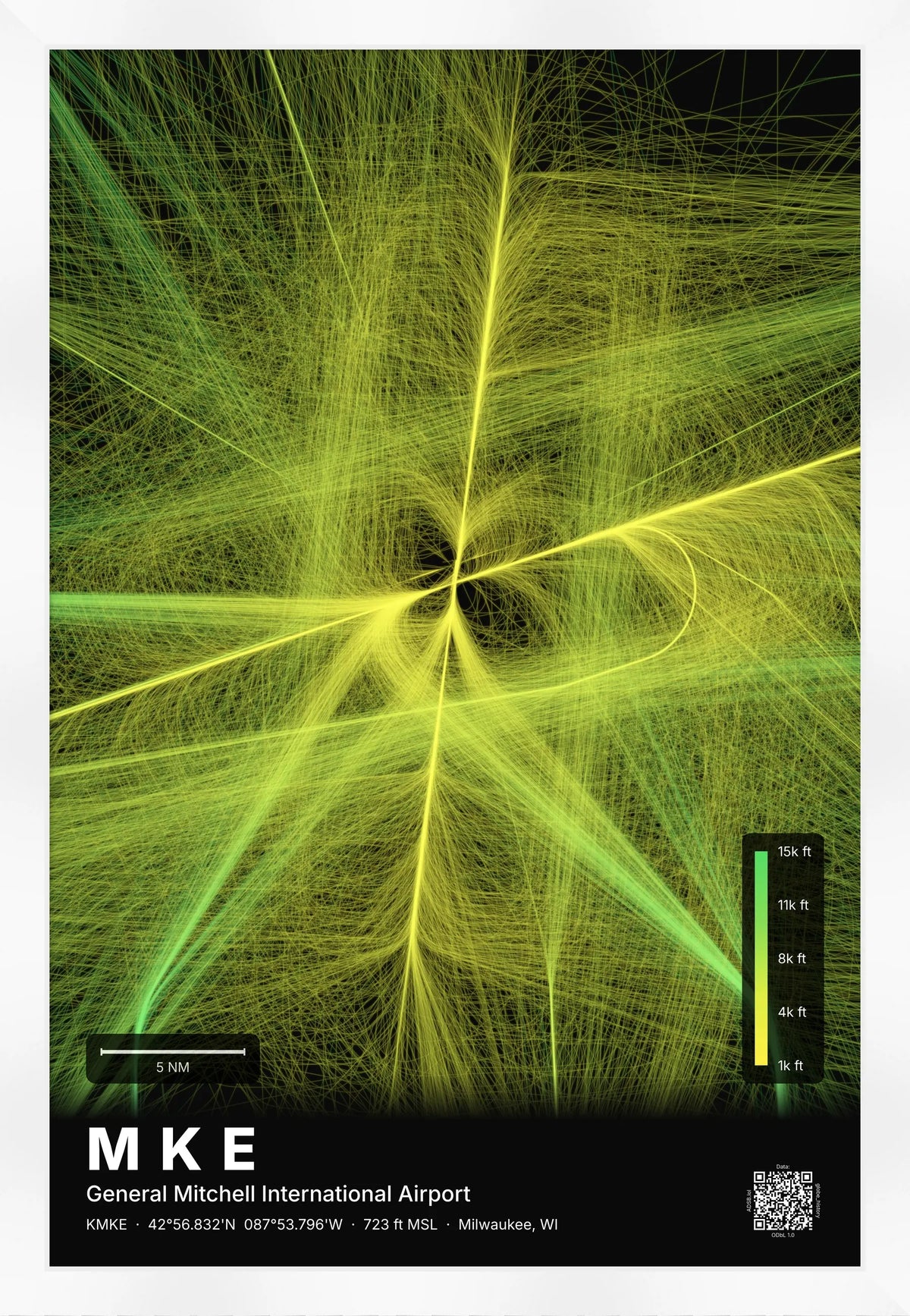 MKE flight path print — Citrus theme · Dark [material:framed_white]