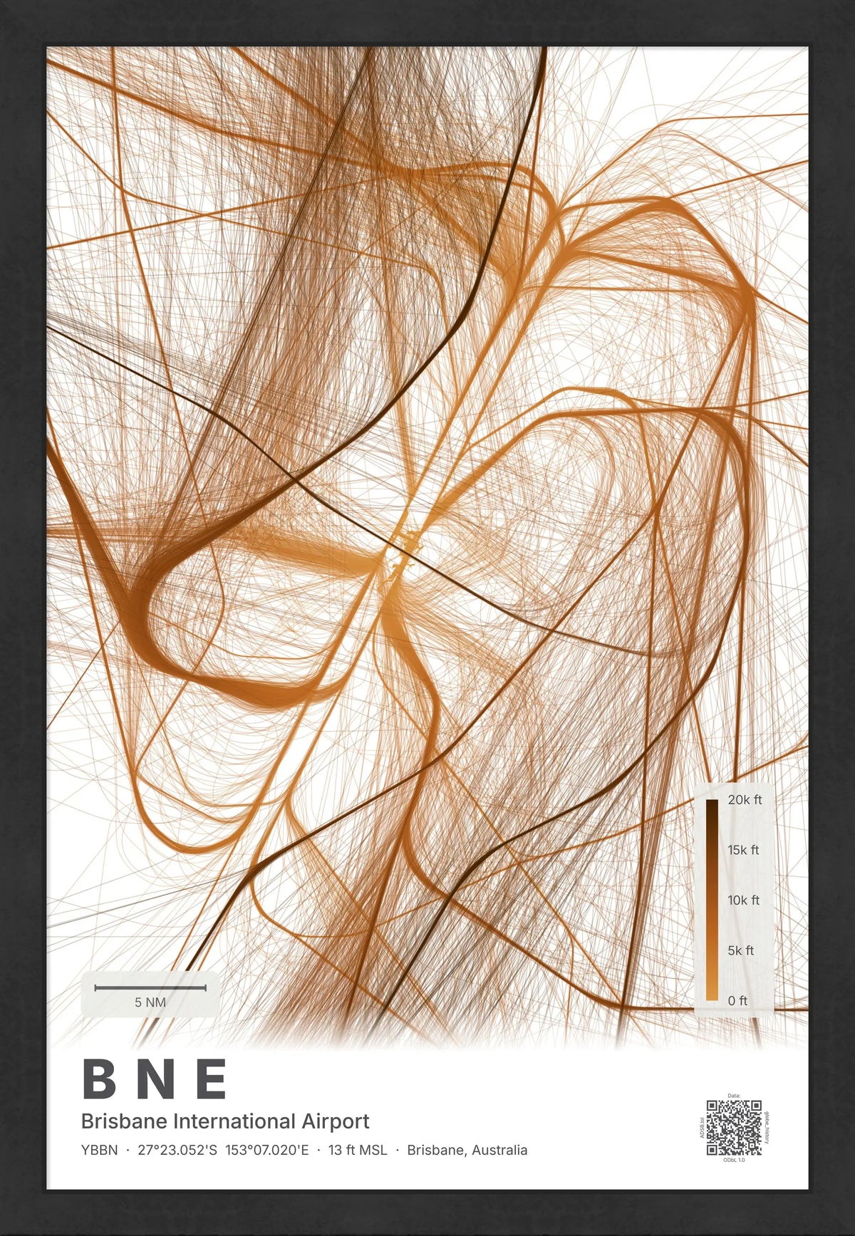 BNE flight path map — Solana theme · Light [material:framed_black]