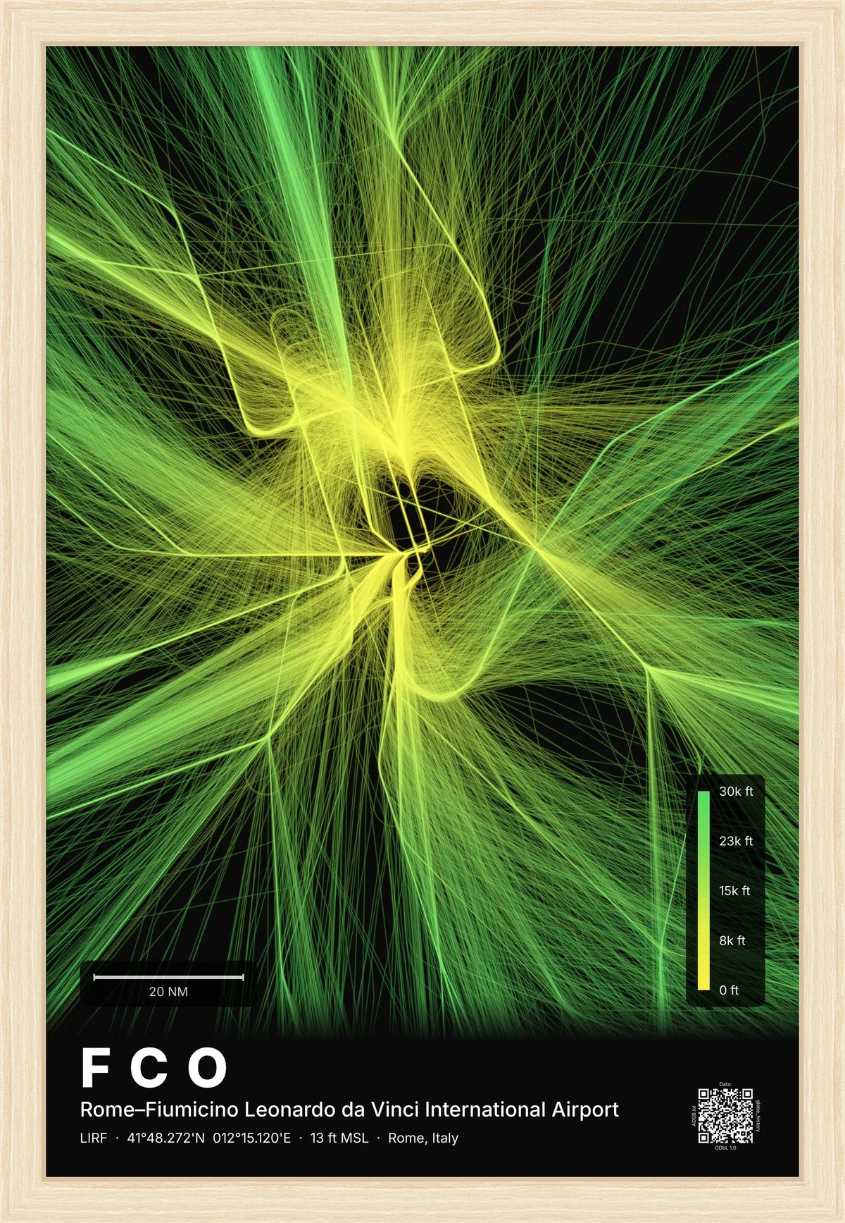FCO flight path print — Citrus theme · Dark [material:framed_natural]