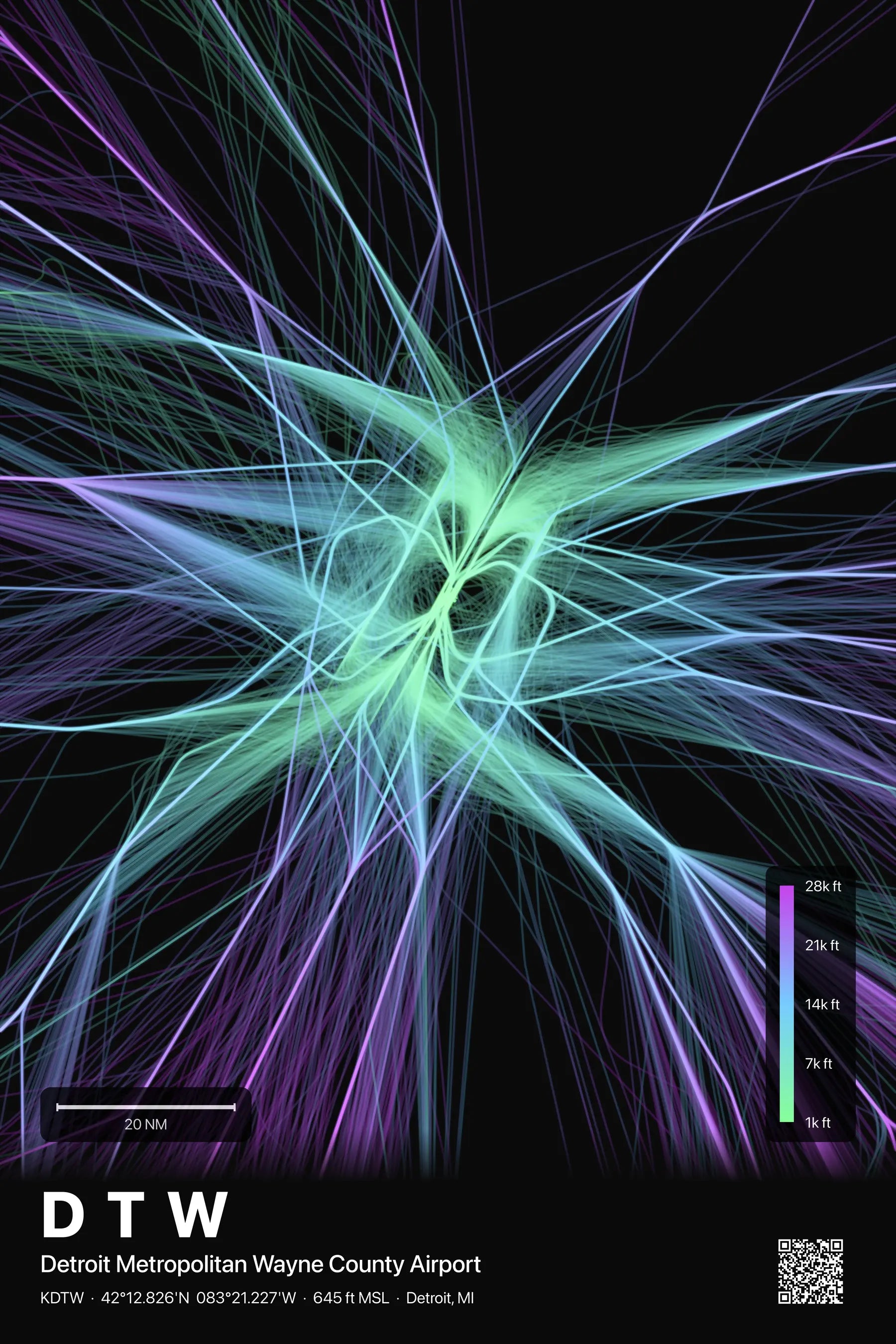 DTW flight path print — Prism theme · Dark